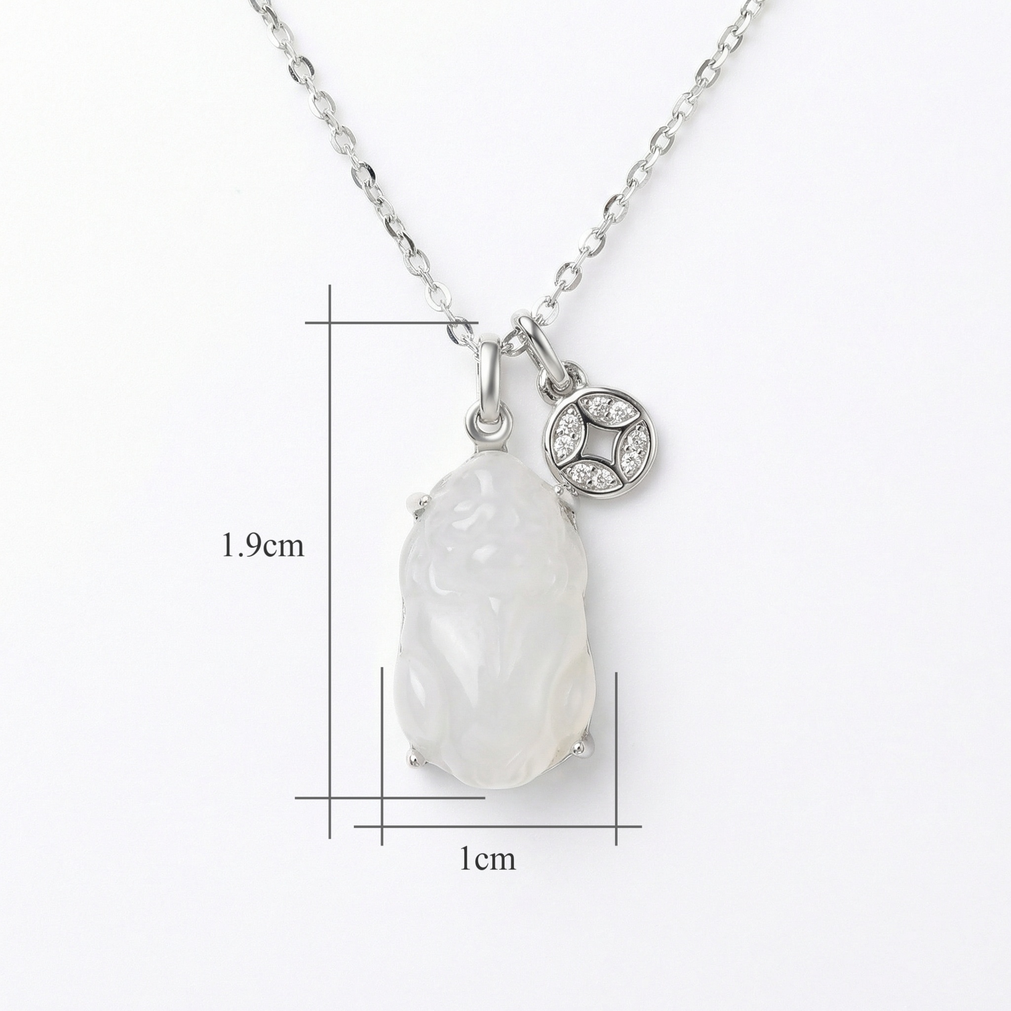 925 Sterling Silver Elegant Hand-Carved White Jade Pixiu Pendant Necklace with Silver Prosperity Coin Charm 