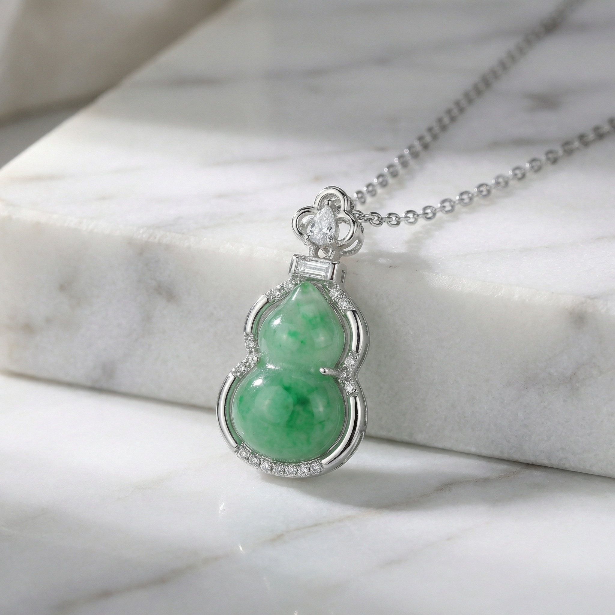 925 Sterling Silver Green Jadeite Hulu Gourd Pendant Necklace with Sparkling Diamond Accents in Sterling Silver 