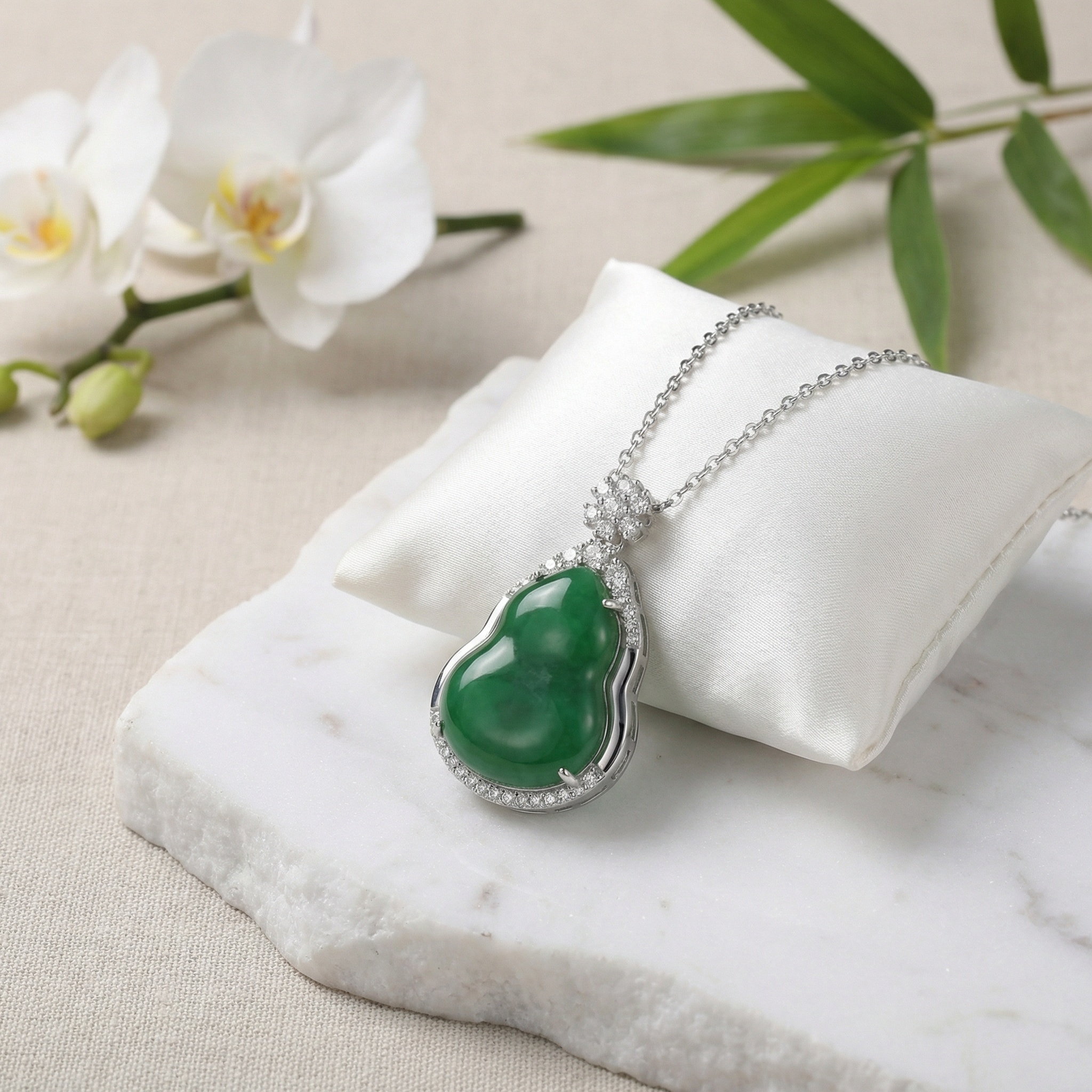 925 Sterling Silver Elegant Green Jadeite Gourd Pendant with Brilliant Diamond Halo and Floral Bail Detail 