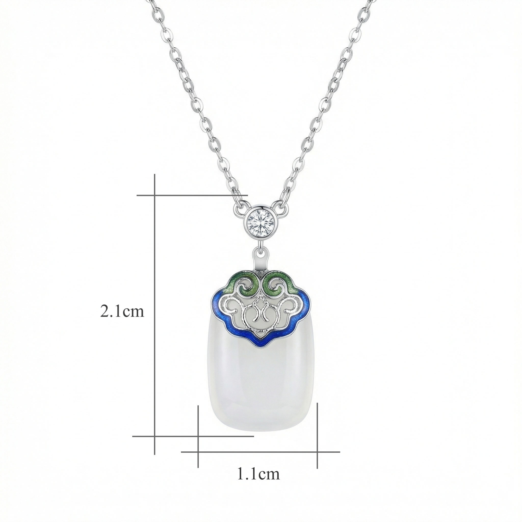 925 Sterling Silver Elegant Silver Necklace with Translucent White Stone Pendant and Colorful Enamel Filigree