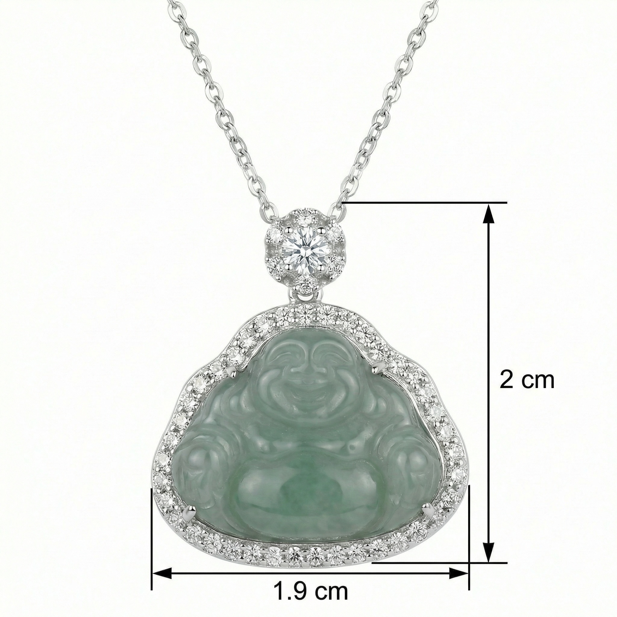 925 Sterling Silver Elegant Green Jade Laughing Buddha Pendant Necklace with Sparkling Accents in Polished Silver Tone 
