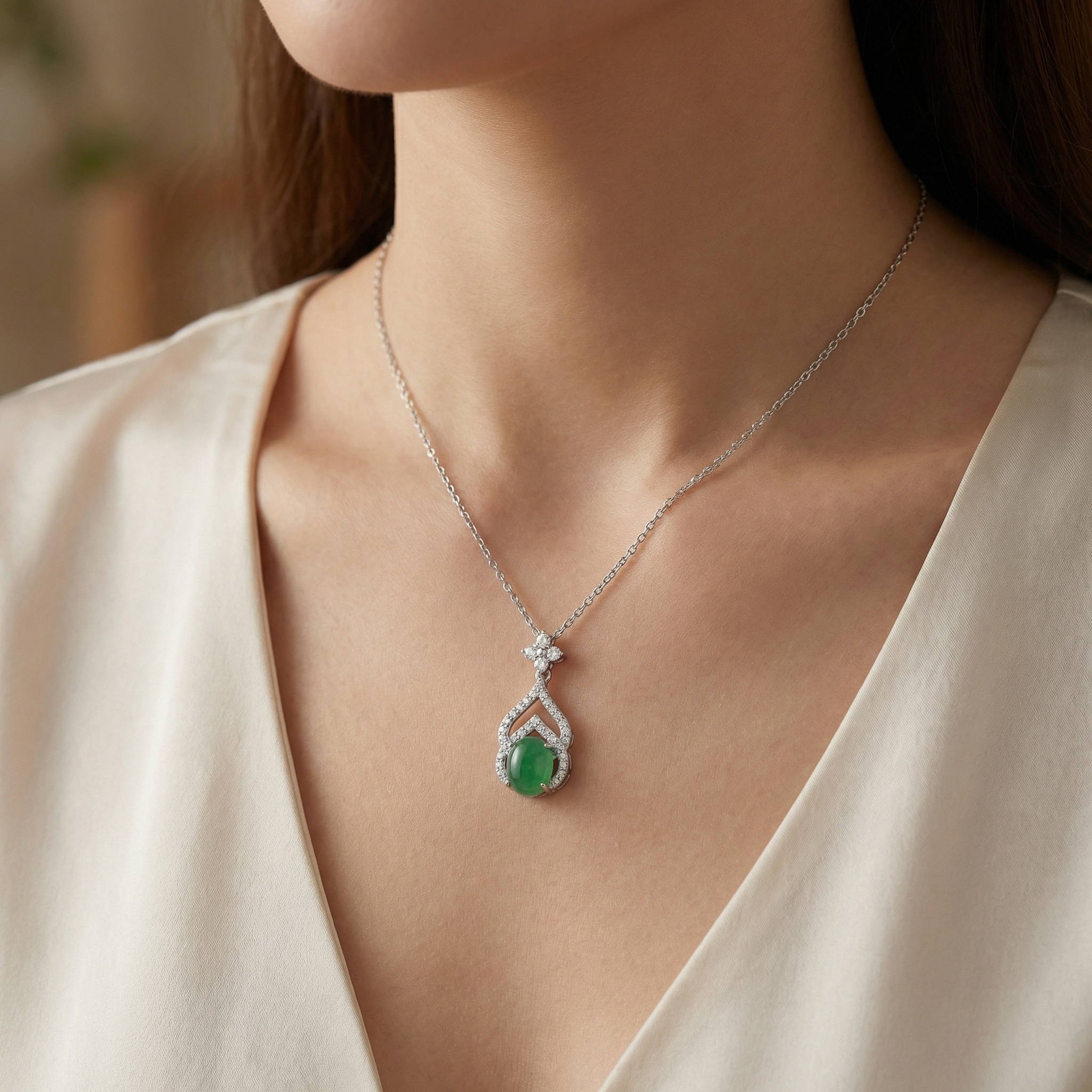 925 Sterling Silver Exquisite Green Jadeite Cabochon and Diamond Halo Teardrop Necklace in Sterling Silver 
