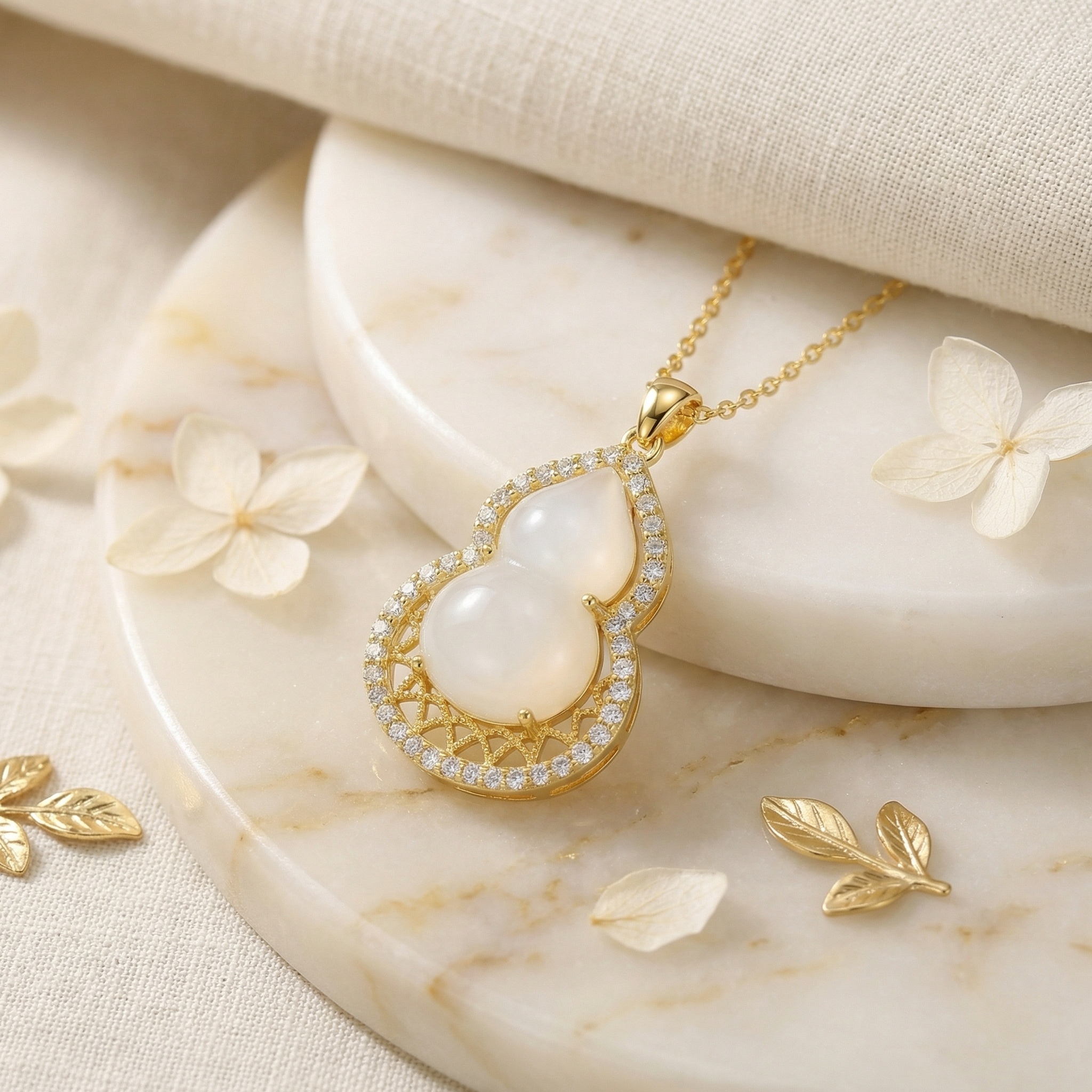 925 Sterling Silver Elegant White Jadeite Calabash Pendant with Shimmering Stones and Ornate Lattice Frame