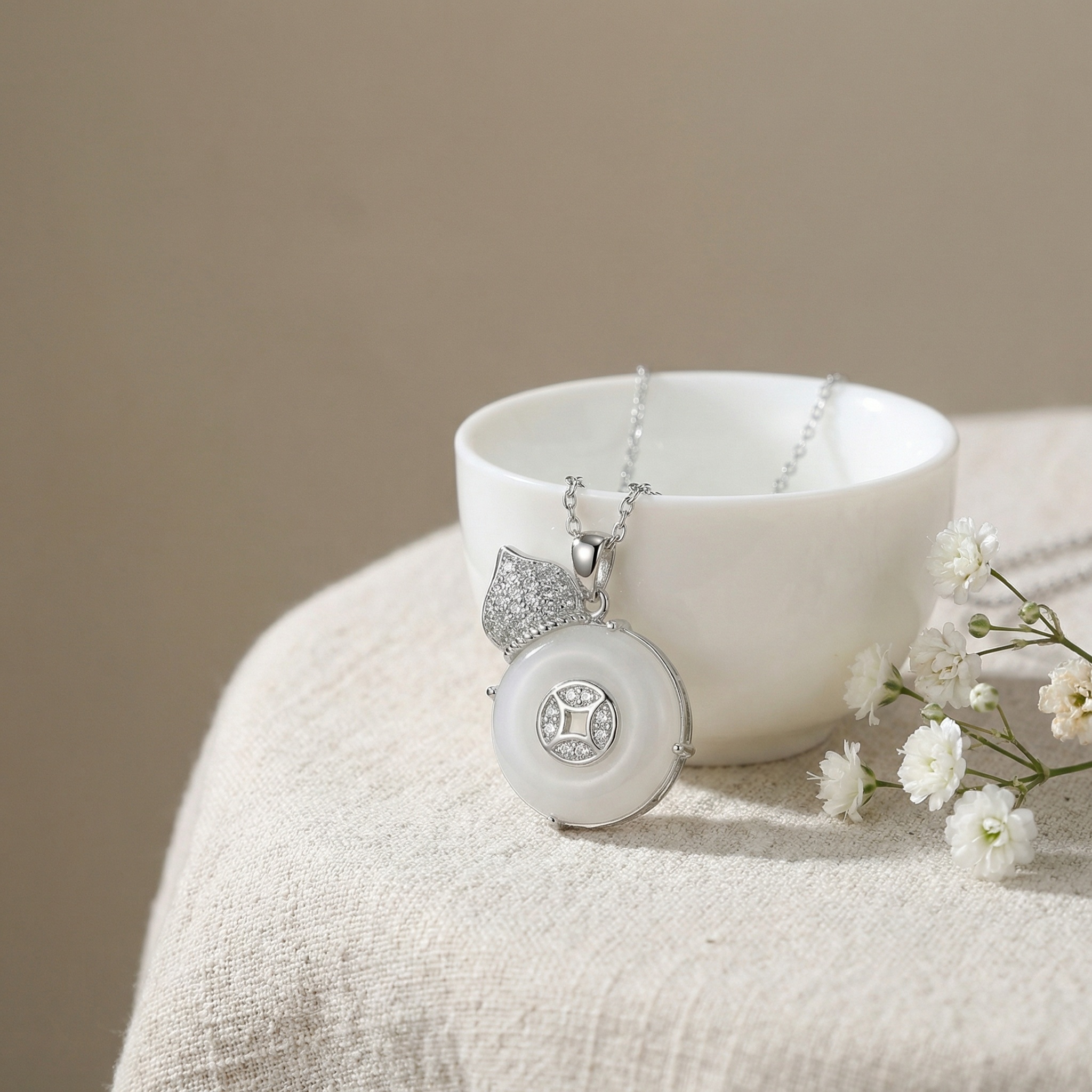 925 Sterling Silver Elegant White Jade Peach and Prosperity Coin Pendant Necklace in Sterling Silver