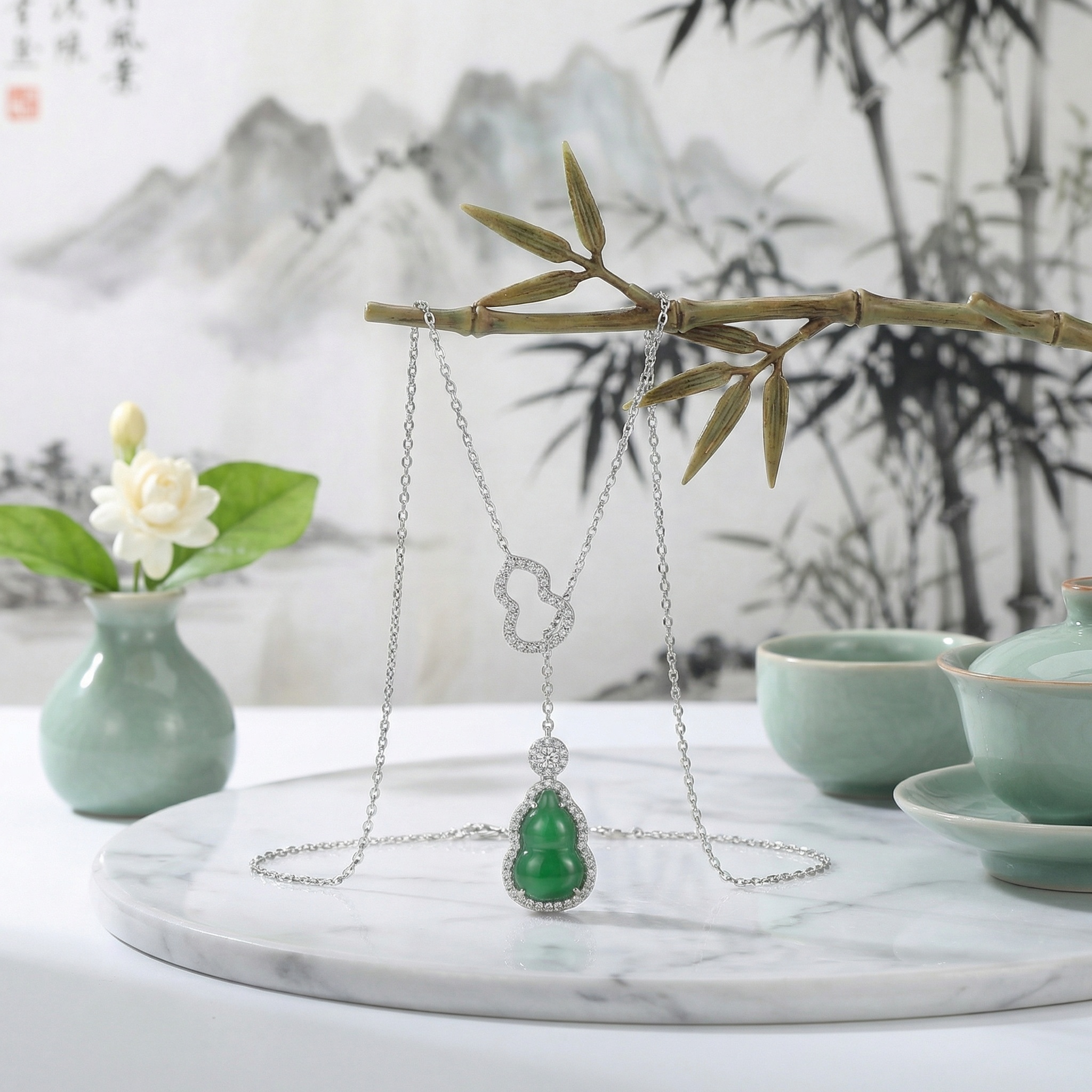 925 Sterling Silver Elegant Green Jadeite and Diamond Wulu Pendant Necklace with Polished White Finish 