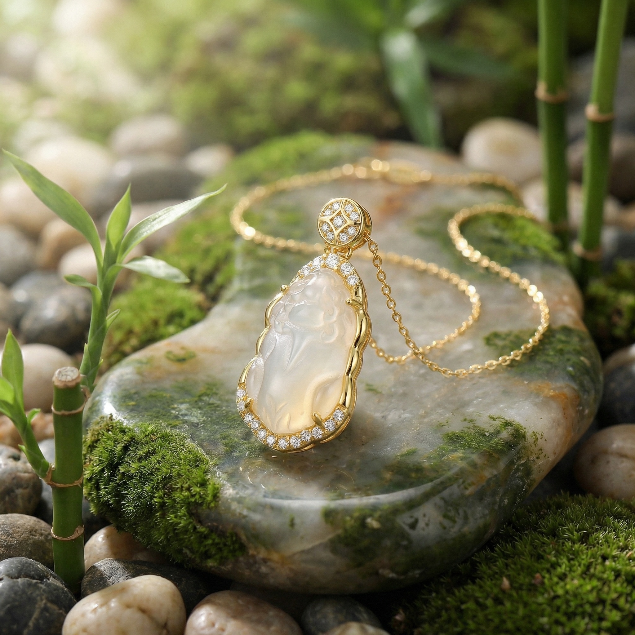 925 Sterling Silver Elegant Carved Translucent Gemstone Pi Xiu Necklace with Shimmering Diamond Accents 