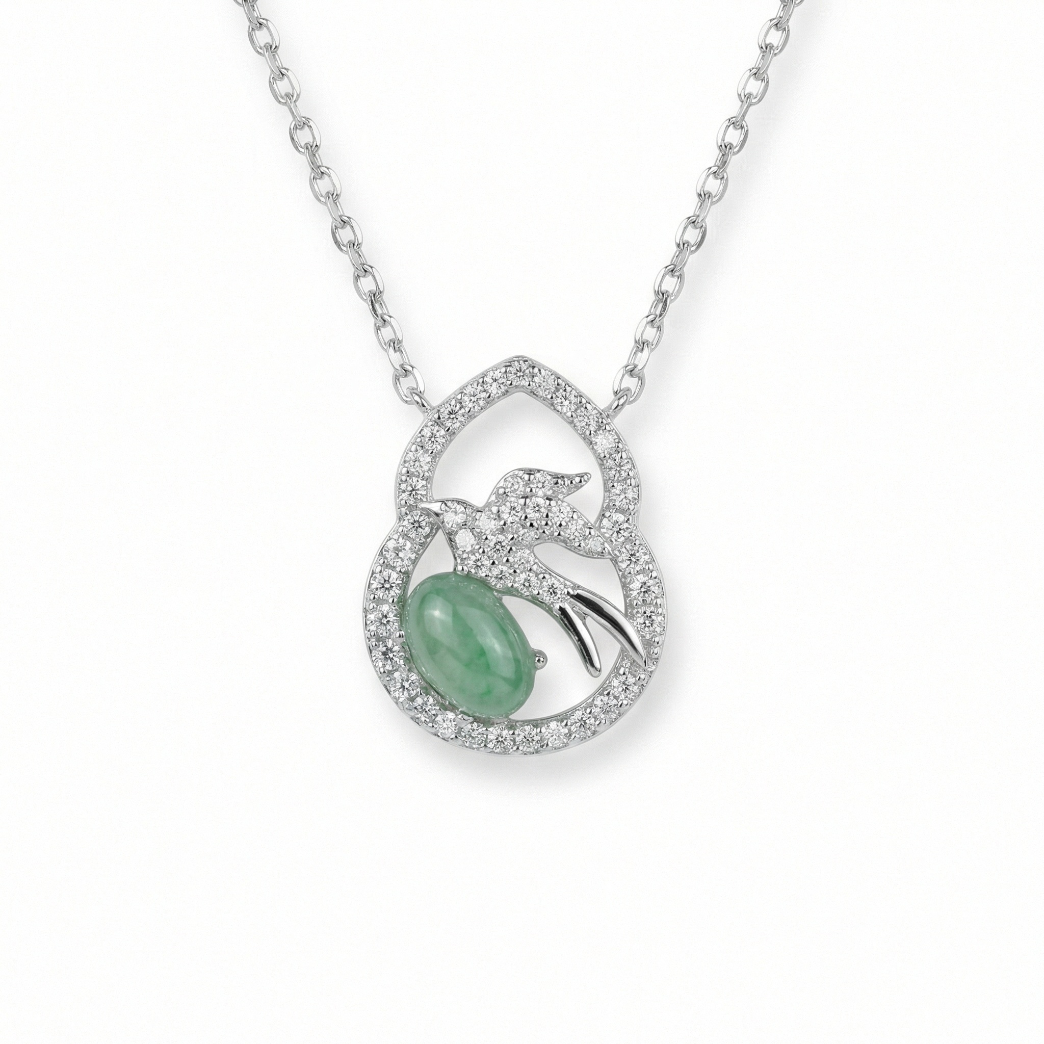 925 Sterling Silver Elegant Gourd Pendant Necklace Featuring Green Jadeite and Sparkling Diamond Bird Motif