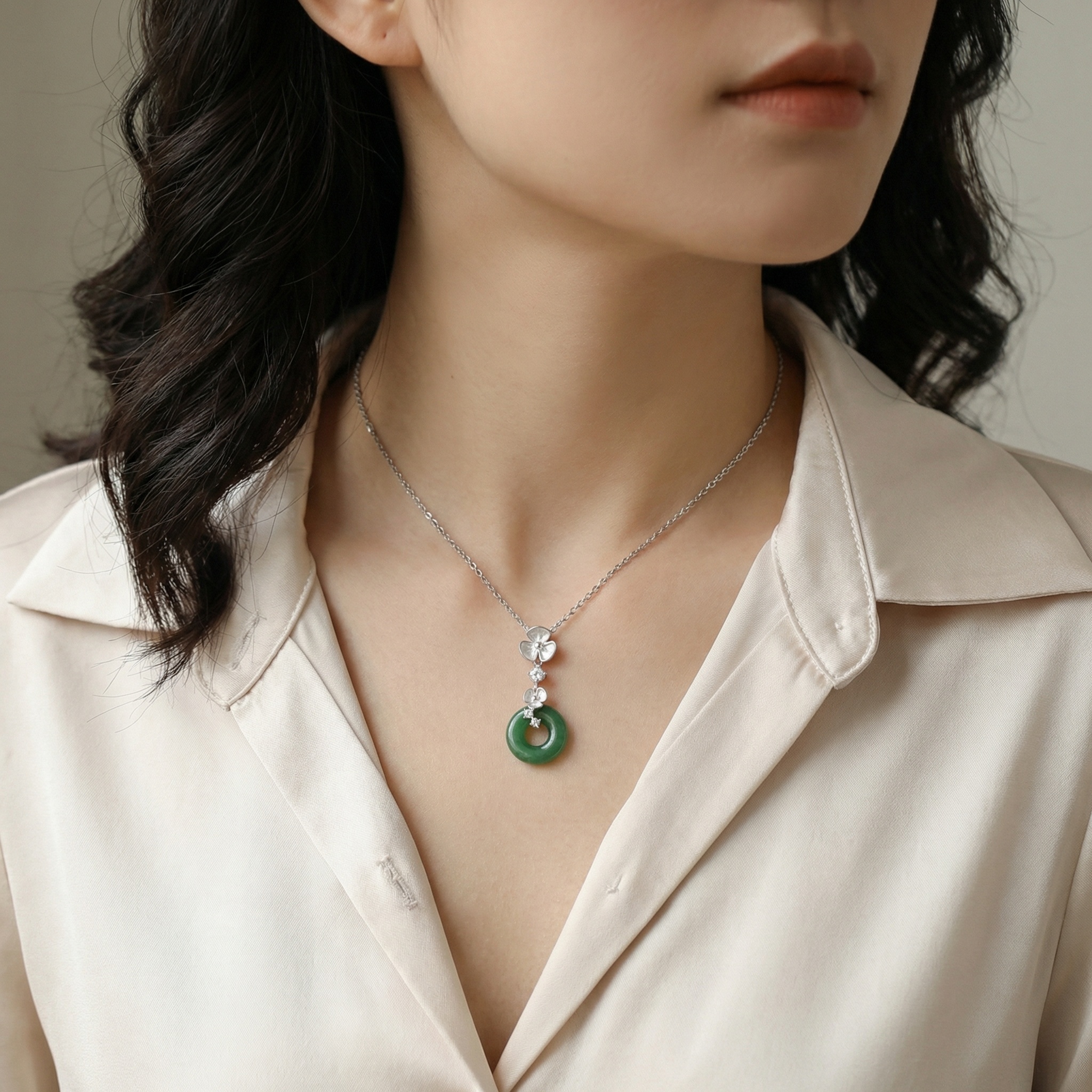 925 Sterling Silver Elegant Silver Green Jade Donut Pendant Necklace with Floral and Gemstone Accents