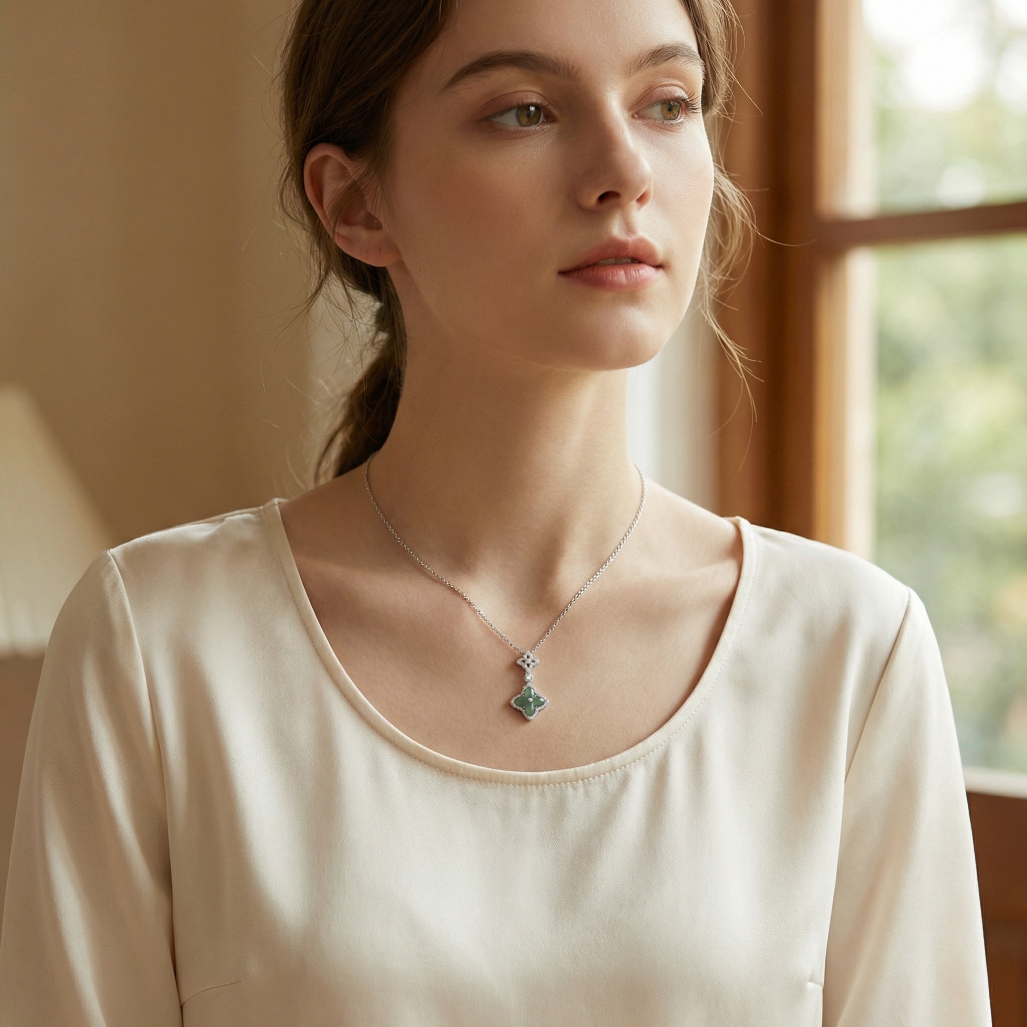 925 Sterling Silver Elegant Silver-Tone Green Jadeite Floral Pendant Necklace with Sparkling Brilliant-Cut Accents 