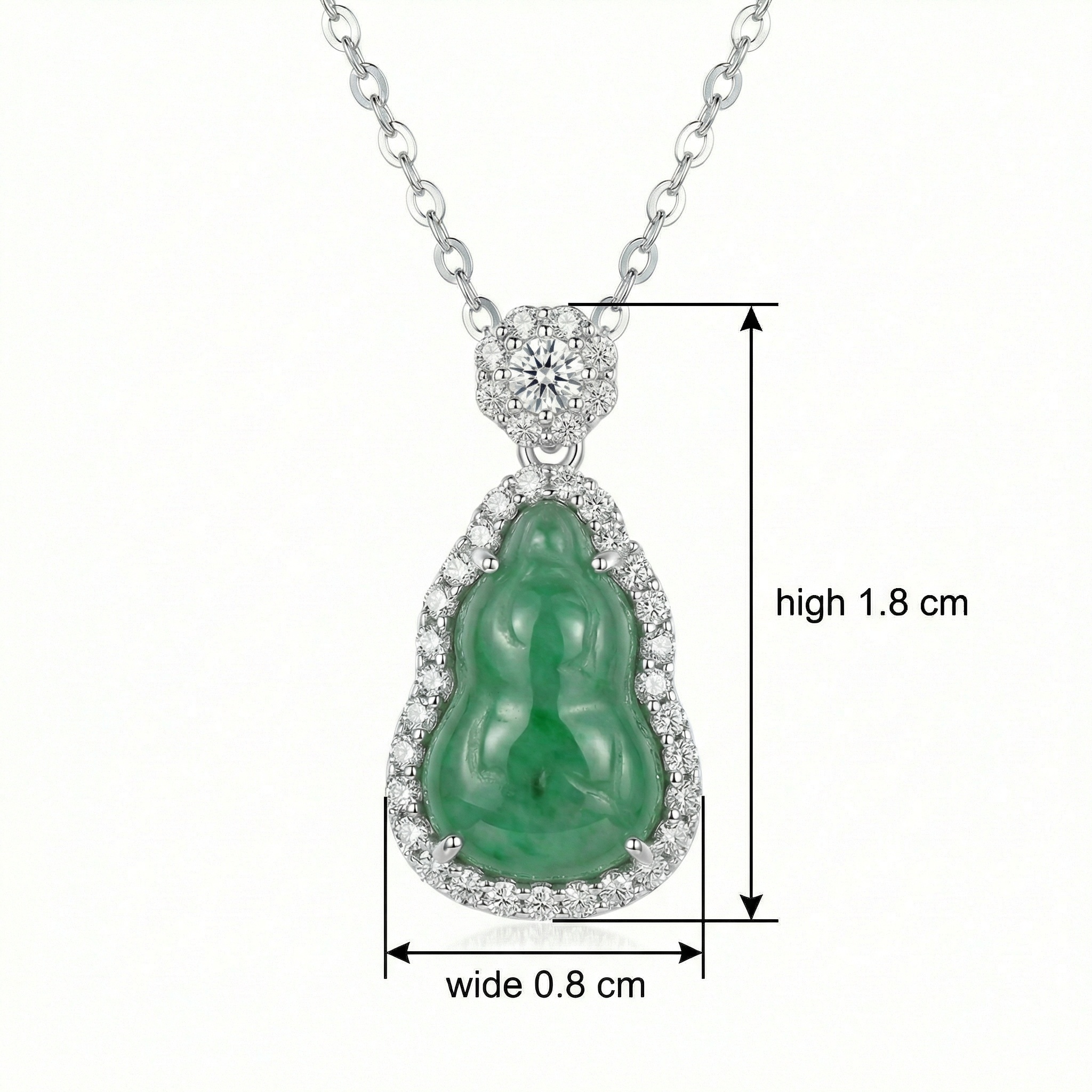 925 Sterling Silver Elegant Green Jadeite Gourd Pendant Necklace with Diamond Halo and Floral Accents
