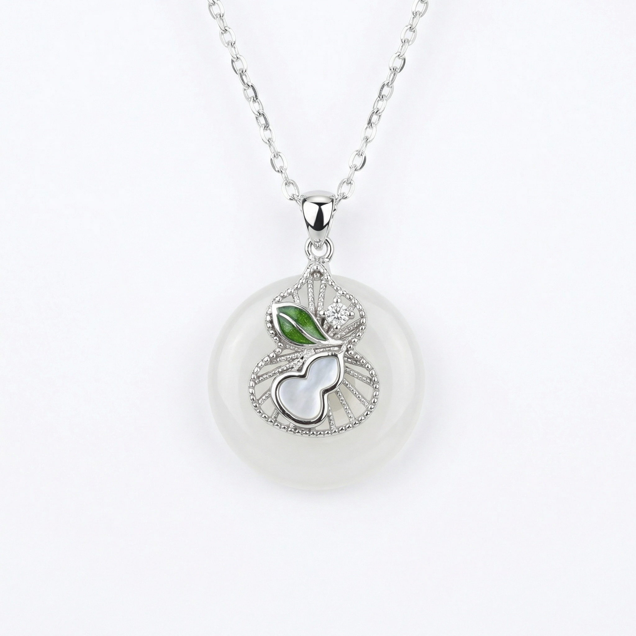 925 Sterling Silver White Jade Ping'an Kou Necklace with Silver Gourd, Mother-of-Pearl, and Green Enamel Accents 