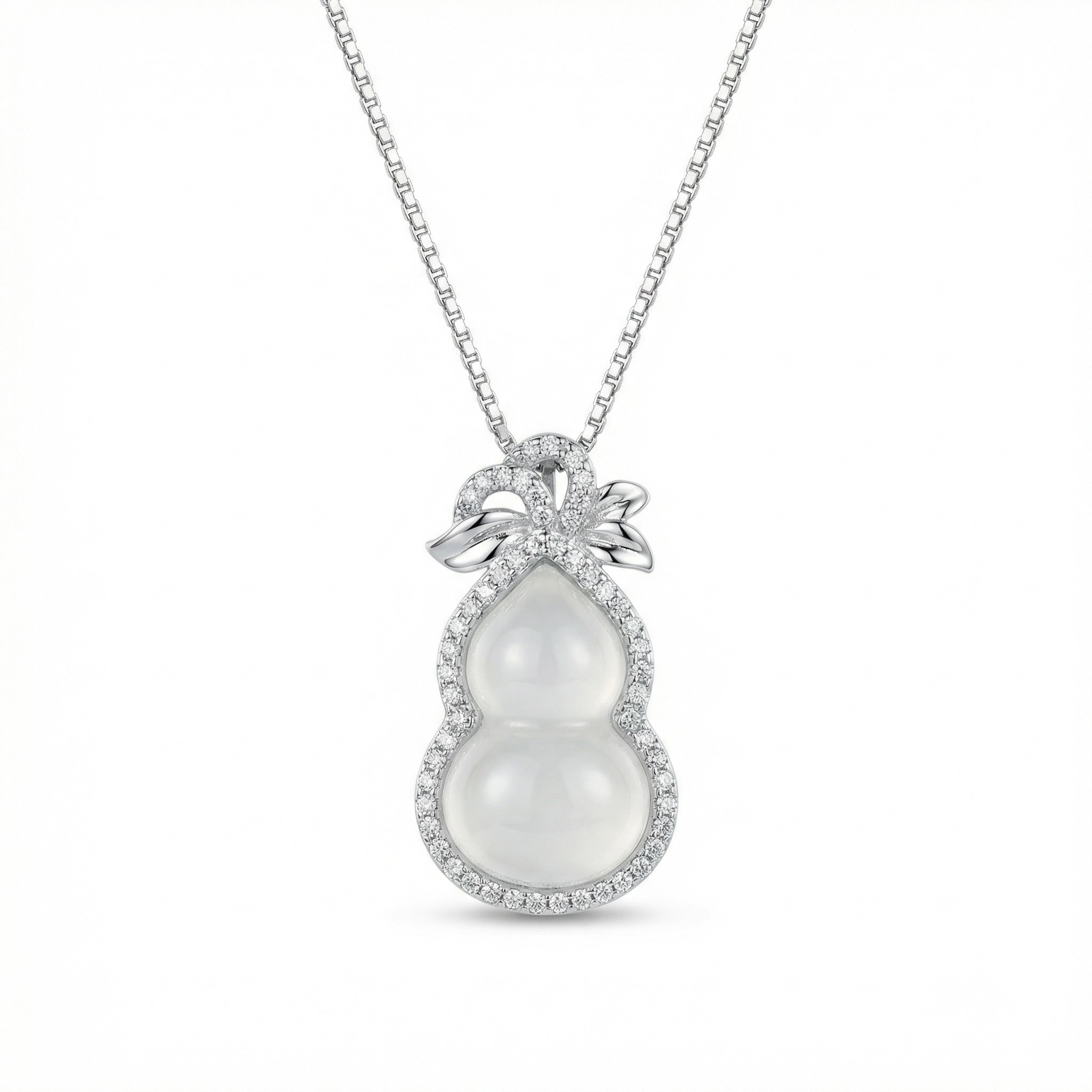 925 Sterling Silver Elegant Silver Gourd Pendant Necklace with Translucent Gemstone and Sparkling Diamond Halo