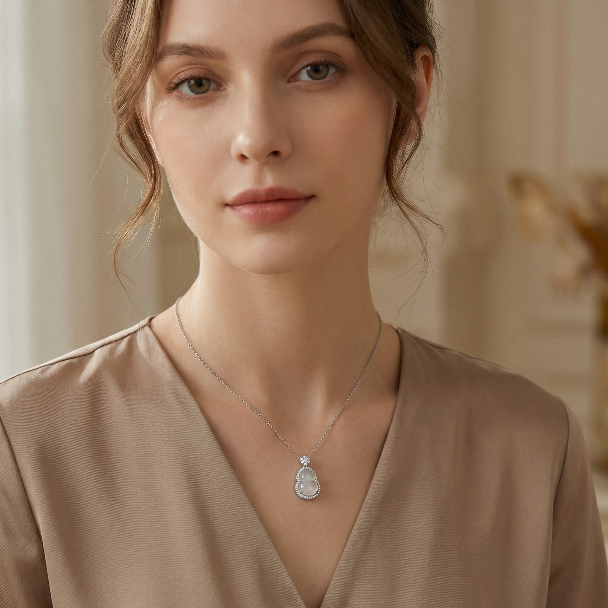 925 Sterling Silver Elegant Icy White Jadeite Gourd Pendant Necklace Surrounded by Shimmering Diamonds 