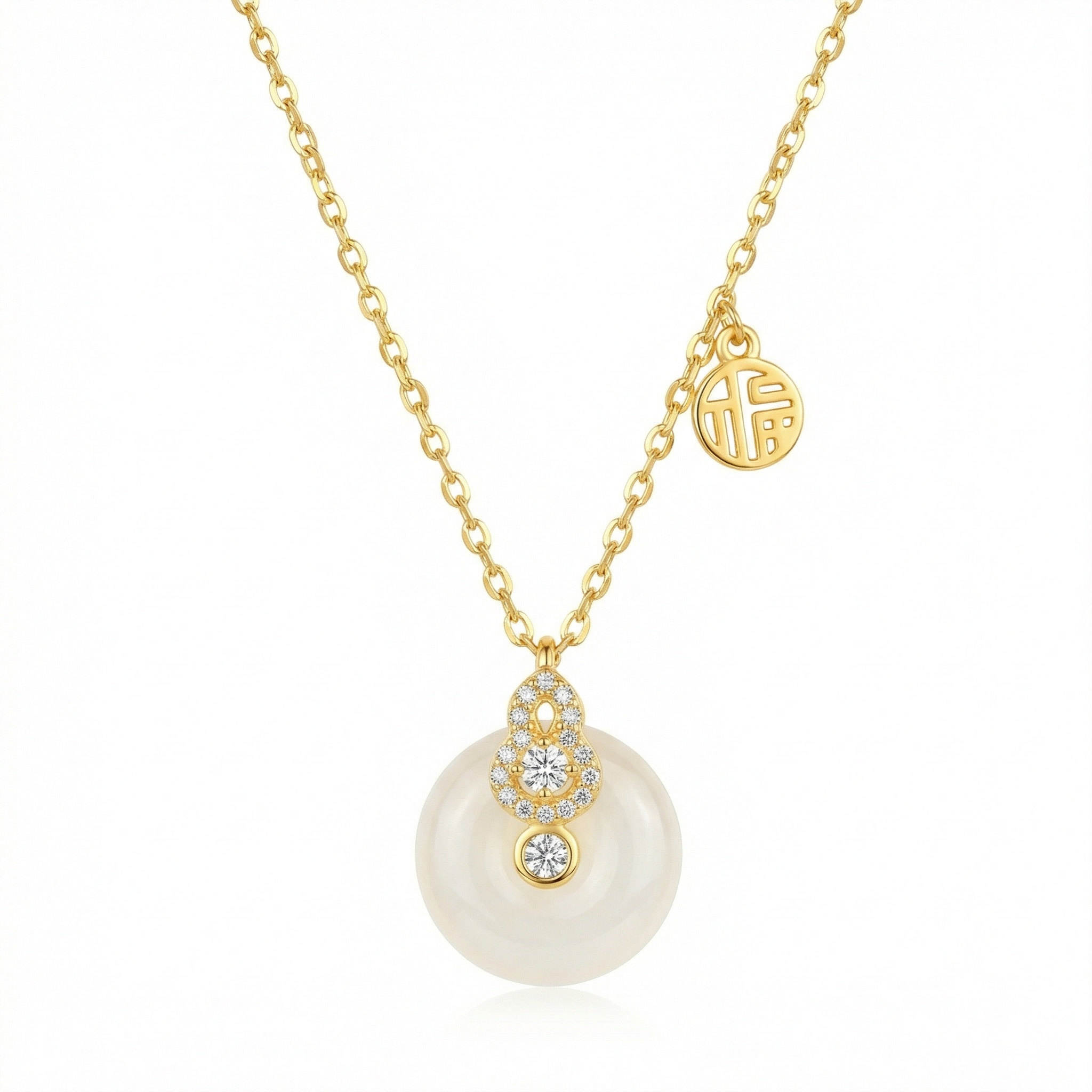 925 Sterling Silver Radiant White Stone Pendant Necklace Featuring Auspicious Gourd Motif and Fortune Coin Detail