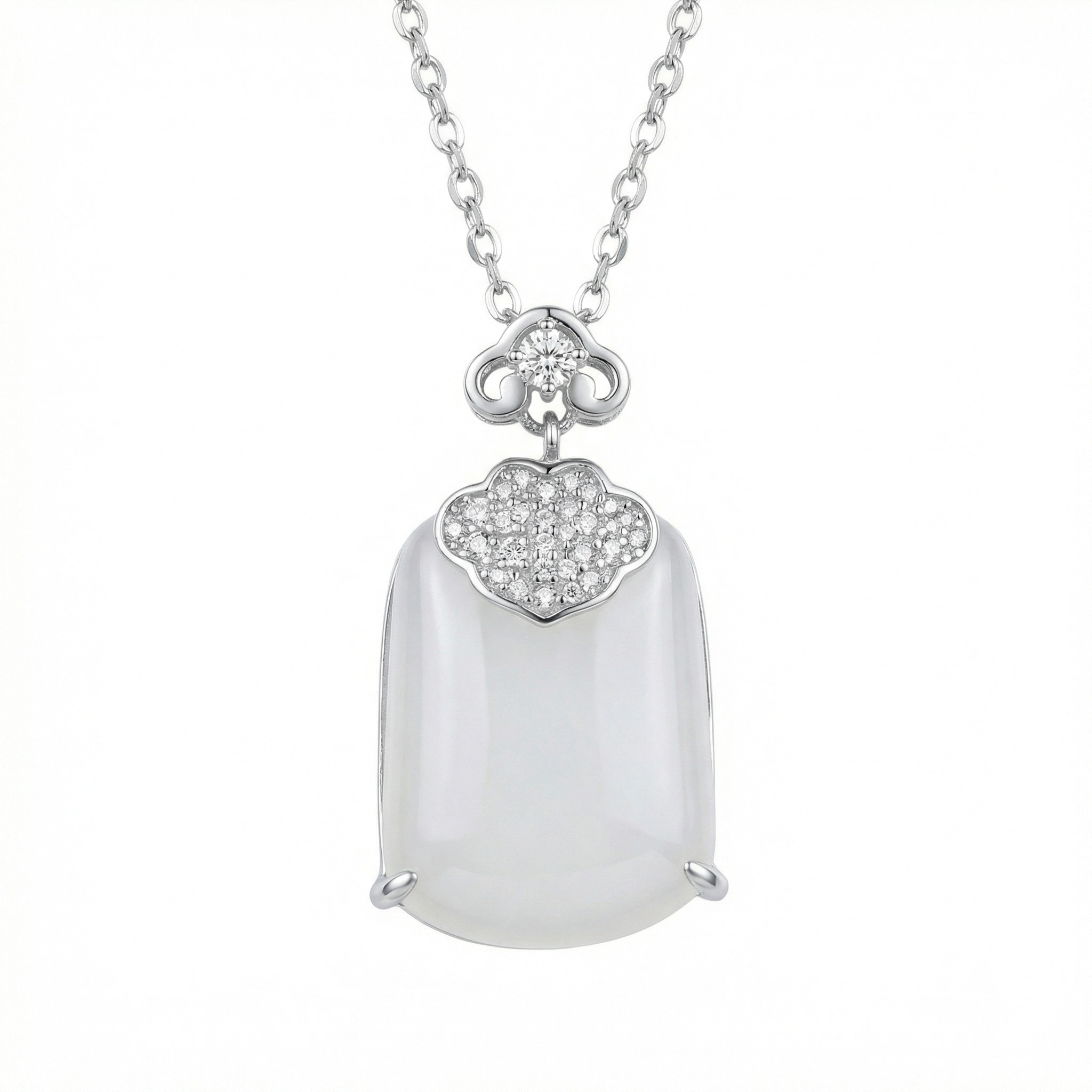 925 Sterling Silver Exquisite Sterling Silver Pendant Necklace featuring a Smooth White Gemstone and Radiant Diamond Clusters.