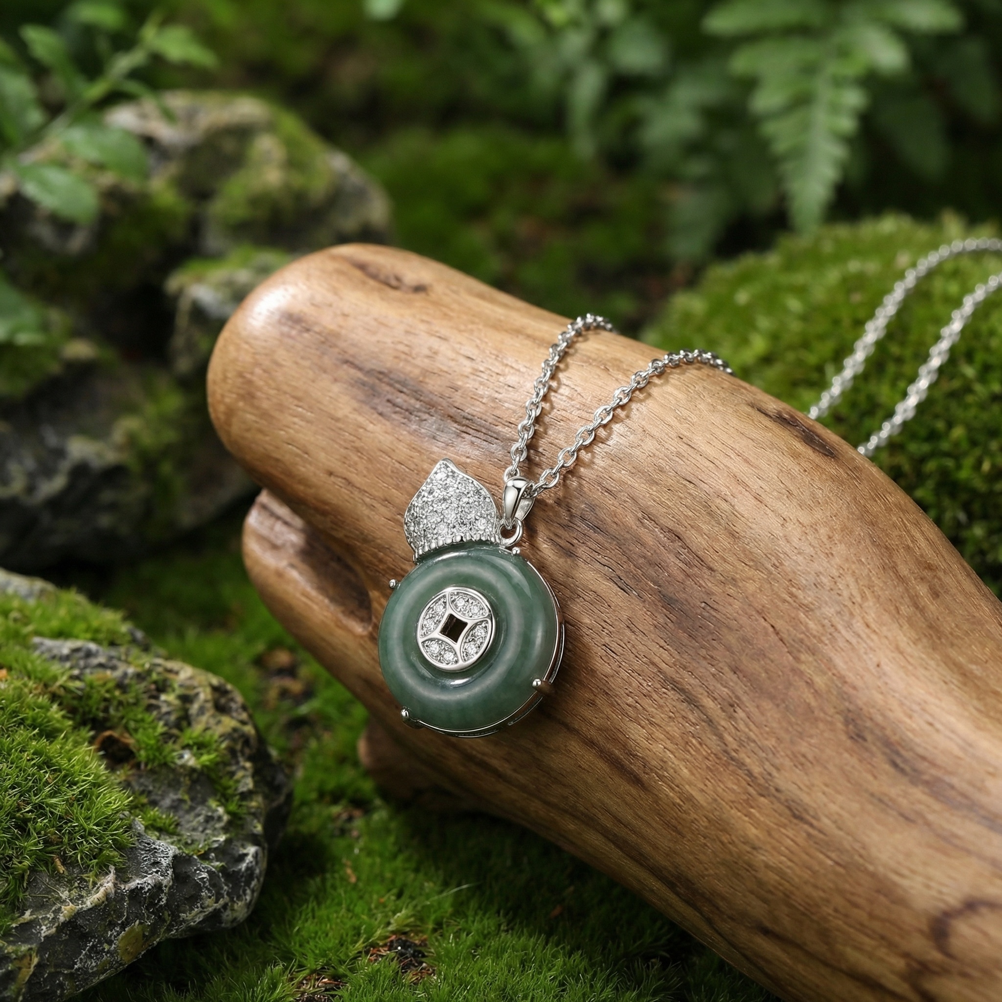 925 Sterling Silver Elegant Sterling Silver Green Jade Hulu Gourd Pendant Necklace with Pavé Crystal Accents