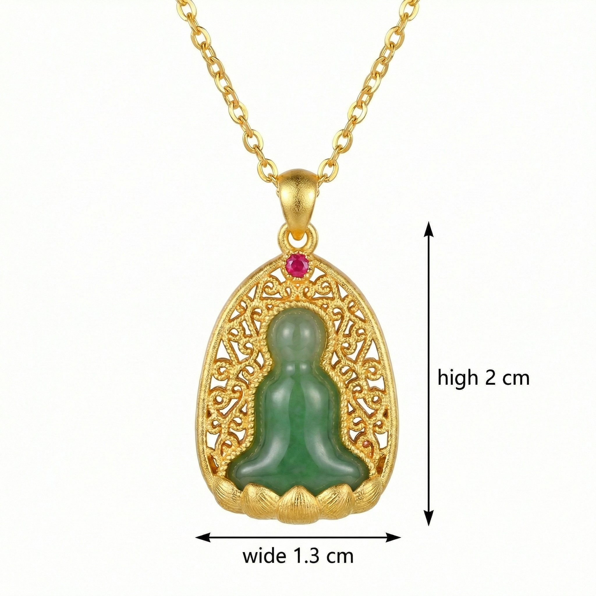 925 Sterling Silver Serene Green Jade Buddha Pendant with Intricate Filigree Setting and Radiant Red Gemstone 