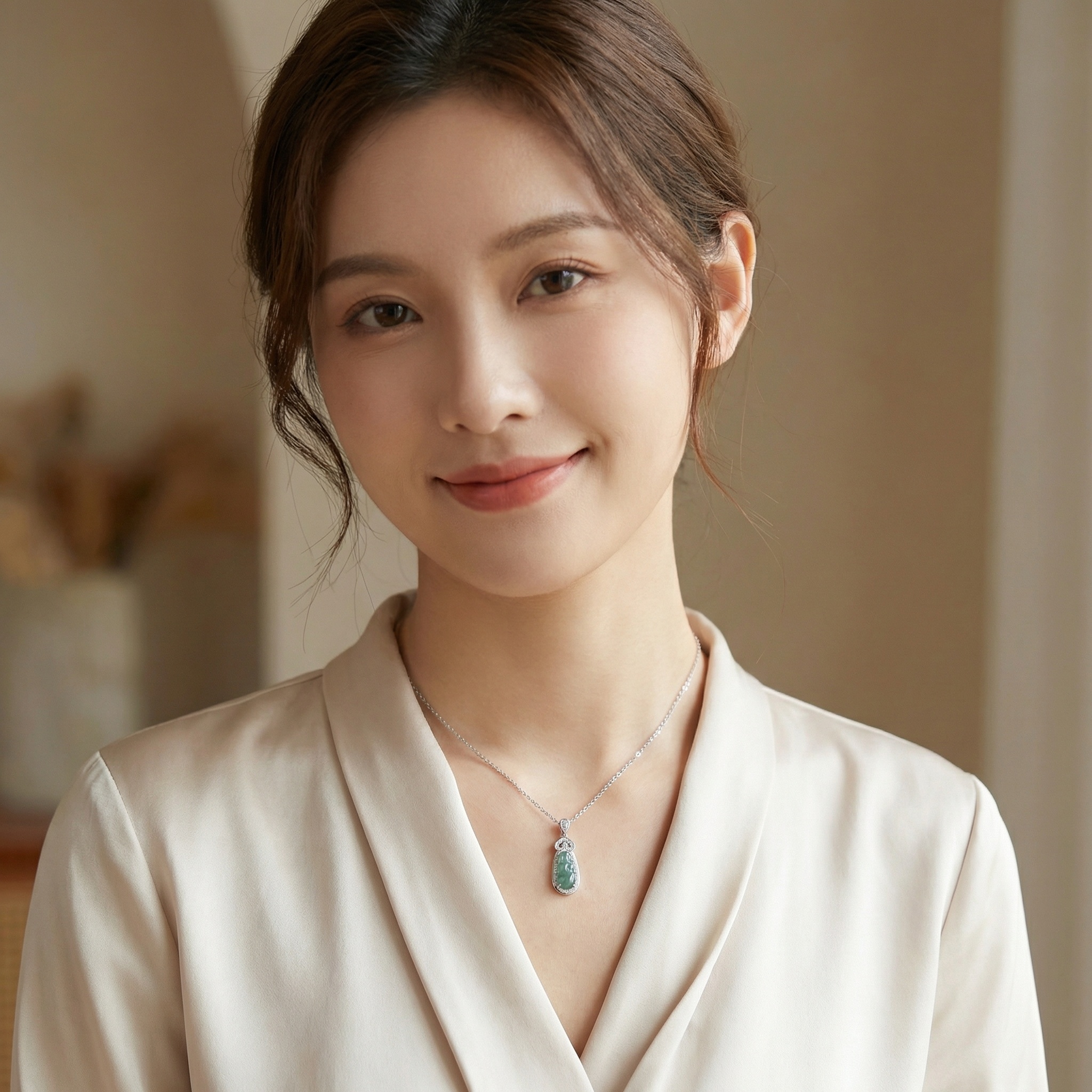 925 Sterling Silver Elegant Green Jadeite Ruyi Pendant Necklace with Diamond Accents and Silver-Tone Chain