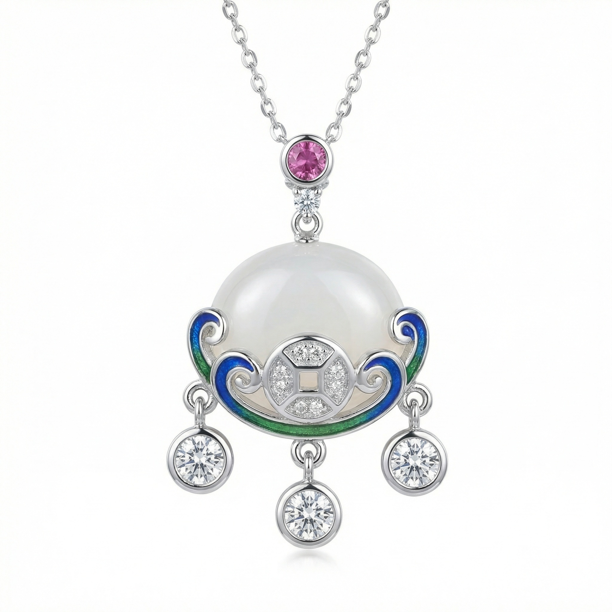 925 Sterling Silver Exquisite Traditional Oriental Silver Pendant Necklace with White Jade and Blue Enamel Accents