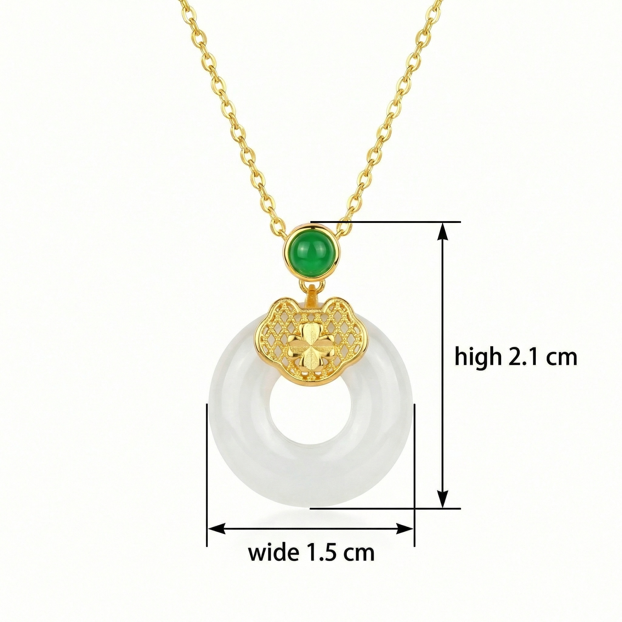 925 Sterling Silver Elegant White Jade Donut Pendant Necklace with Green Gemstone and Lucky Clover Accents 