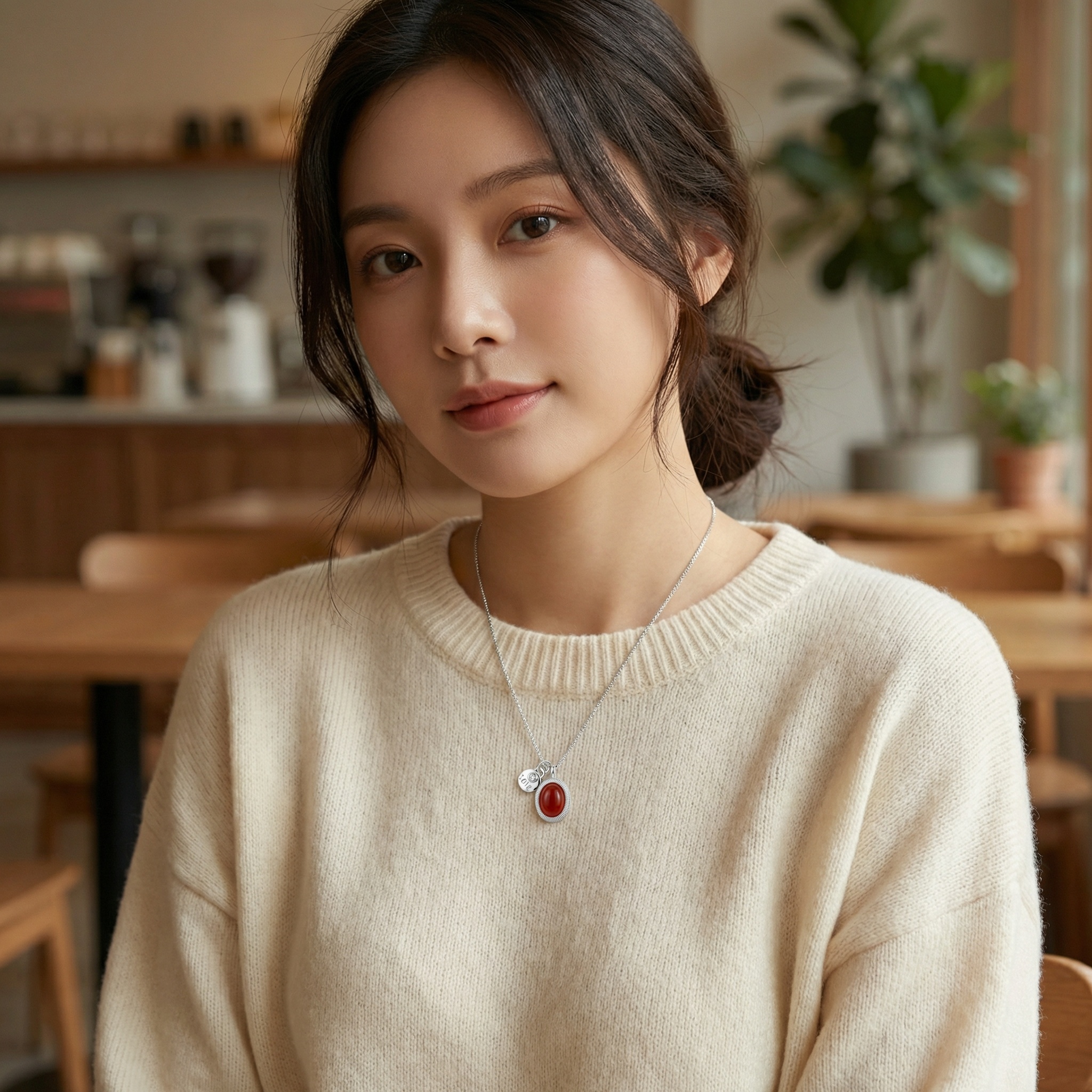 925 Sterling Silver Silver Necklace with Oval Red Gemstone and "LOVE" Engraved Disc Pendant 