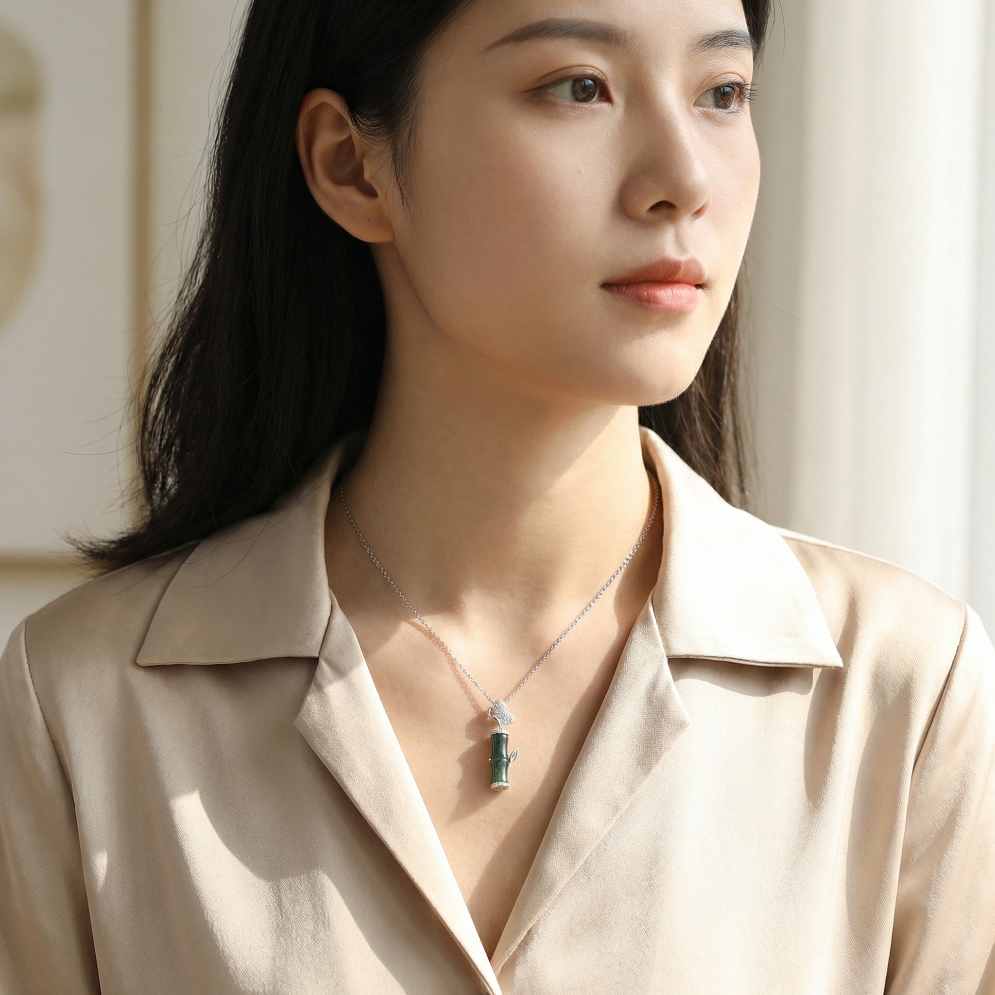925 Sterling Silver Elegant Dark Green Jade Bamboo Pendant Necklace with Diamond Butterfly and Silver Chain