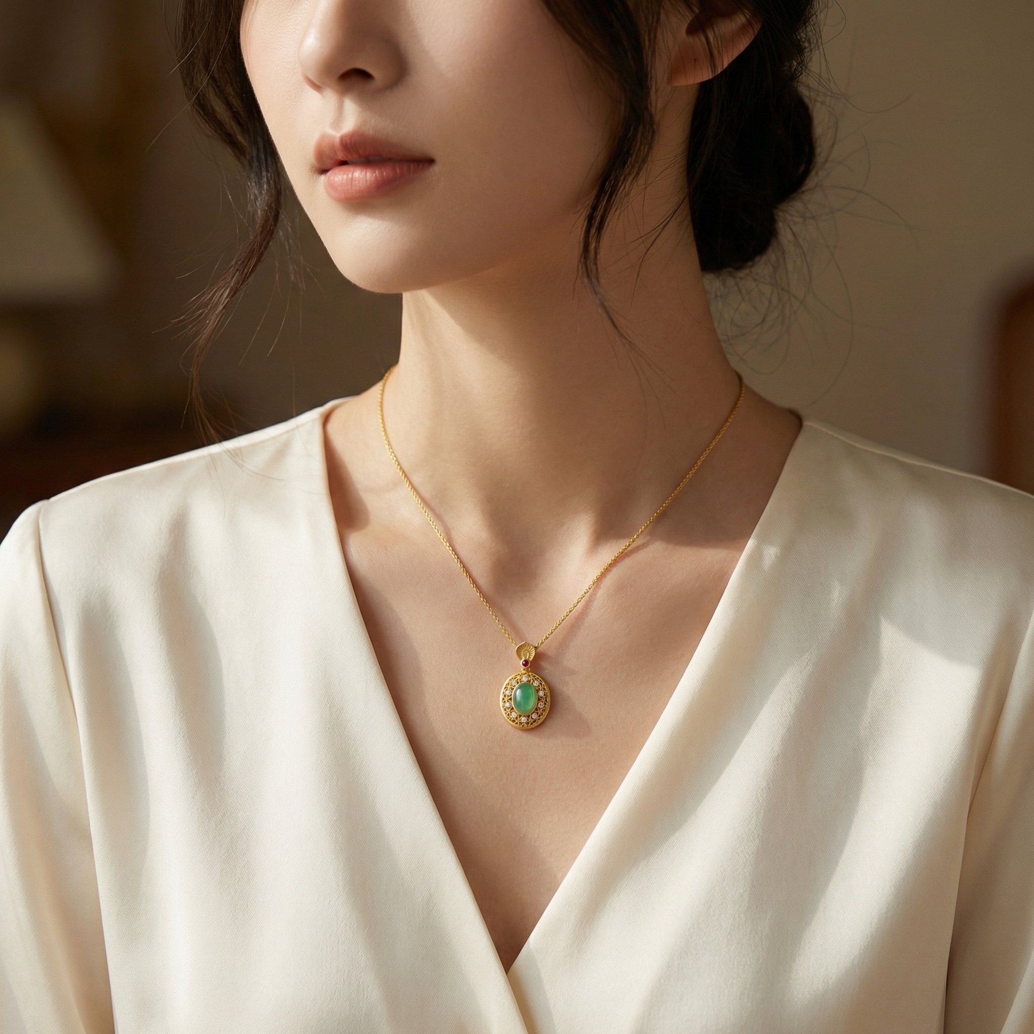 925 Sterling Silver Elegant Jade Cabochon Pendant with Ruby Accent and Filigree Halo on Intricate Chain 