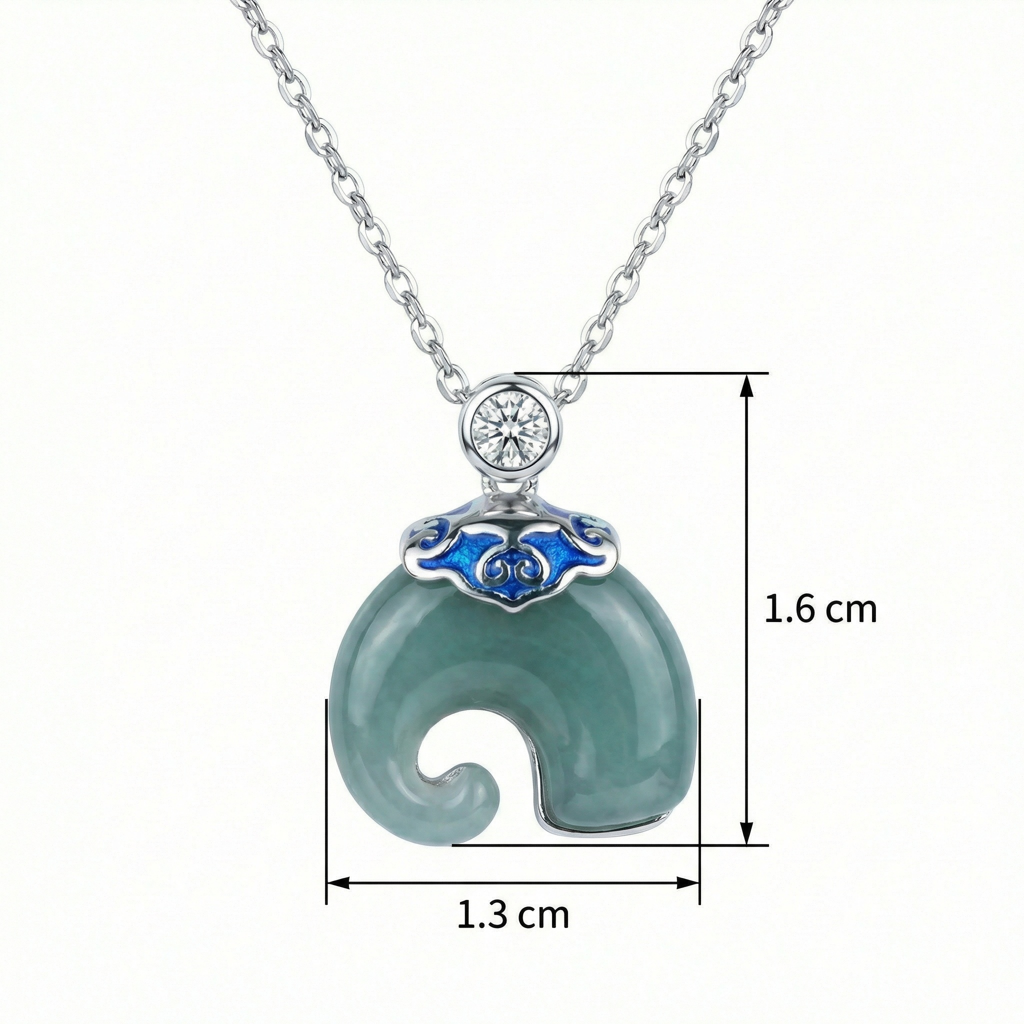925 Sterling Silver Elegant Silver-Tone Green Jade Pendant Necklace with Blue Enamel and Sparkling Crystal