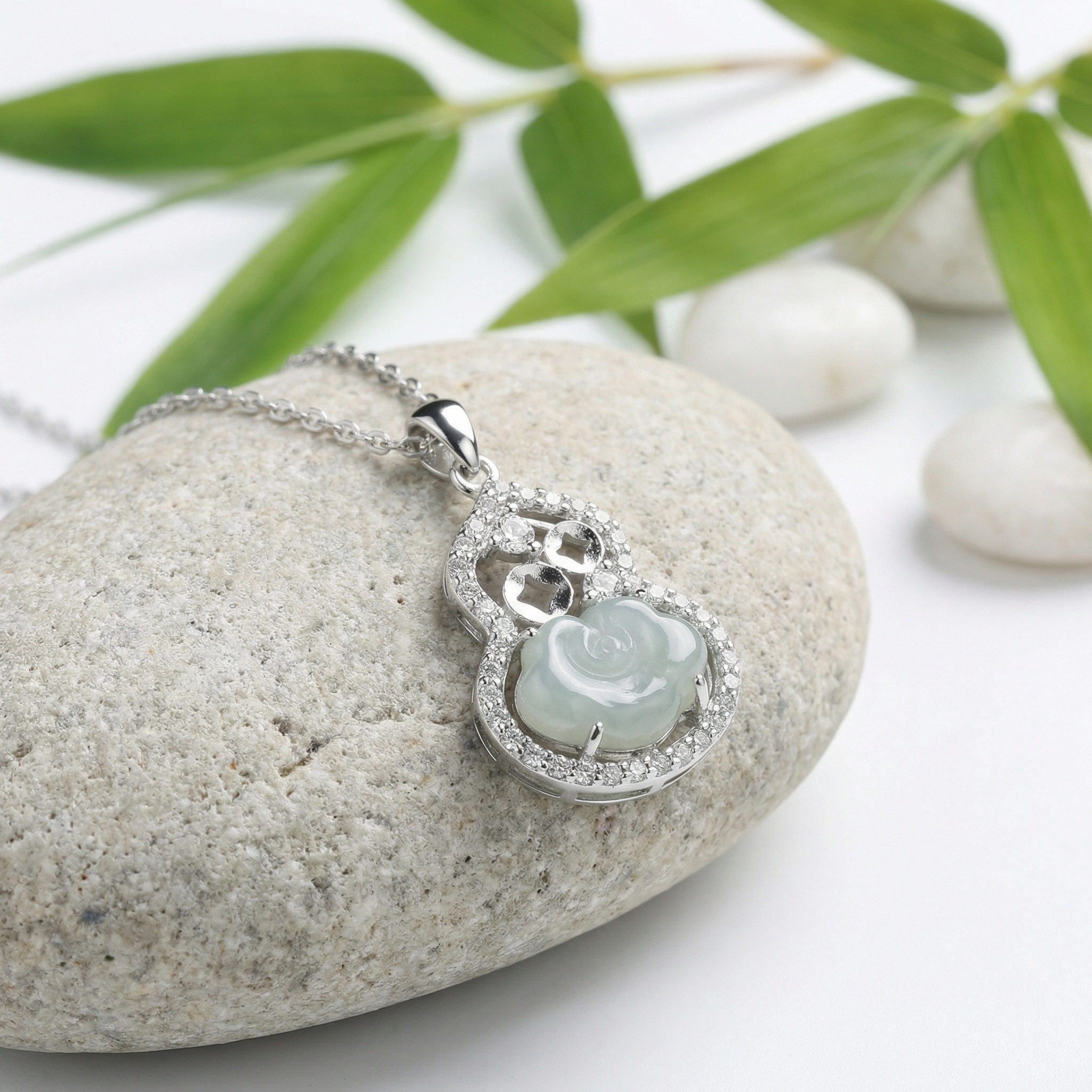 925 Sterling Silver Elegant Sterling Silver Gourd Pendant Necklace Featuring a Carved Jadeite Rose and Pavé Accents 