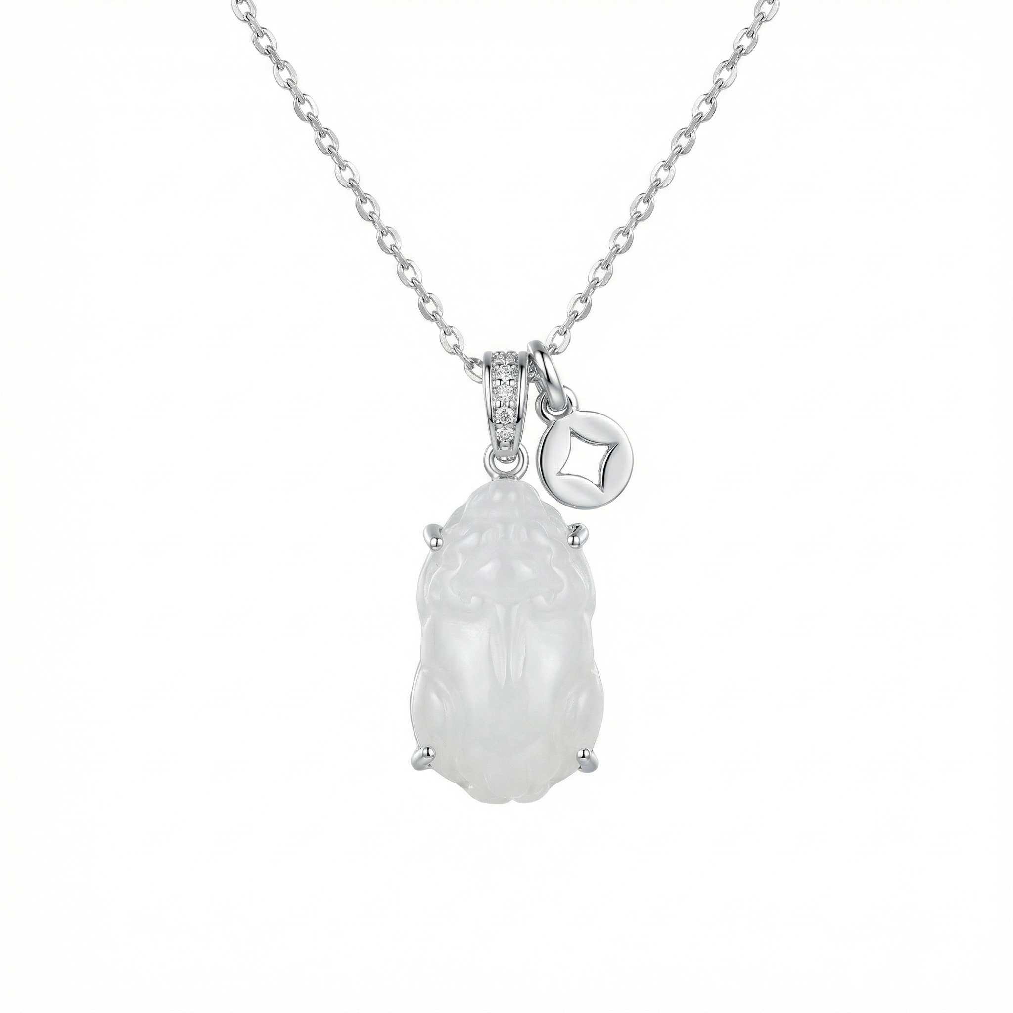 925 Sterling Silver Elegant White Jade Pixiu Pendant Necklace with Sterling Silver Chain and Lucky Charm 