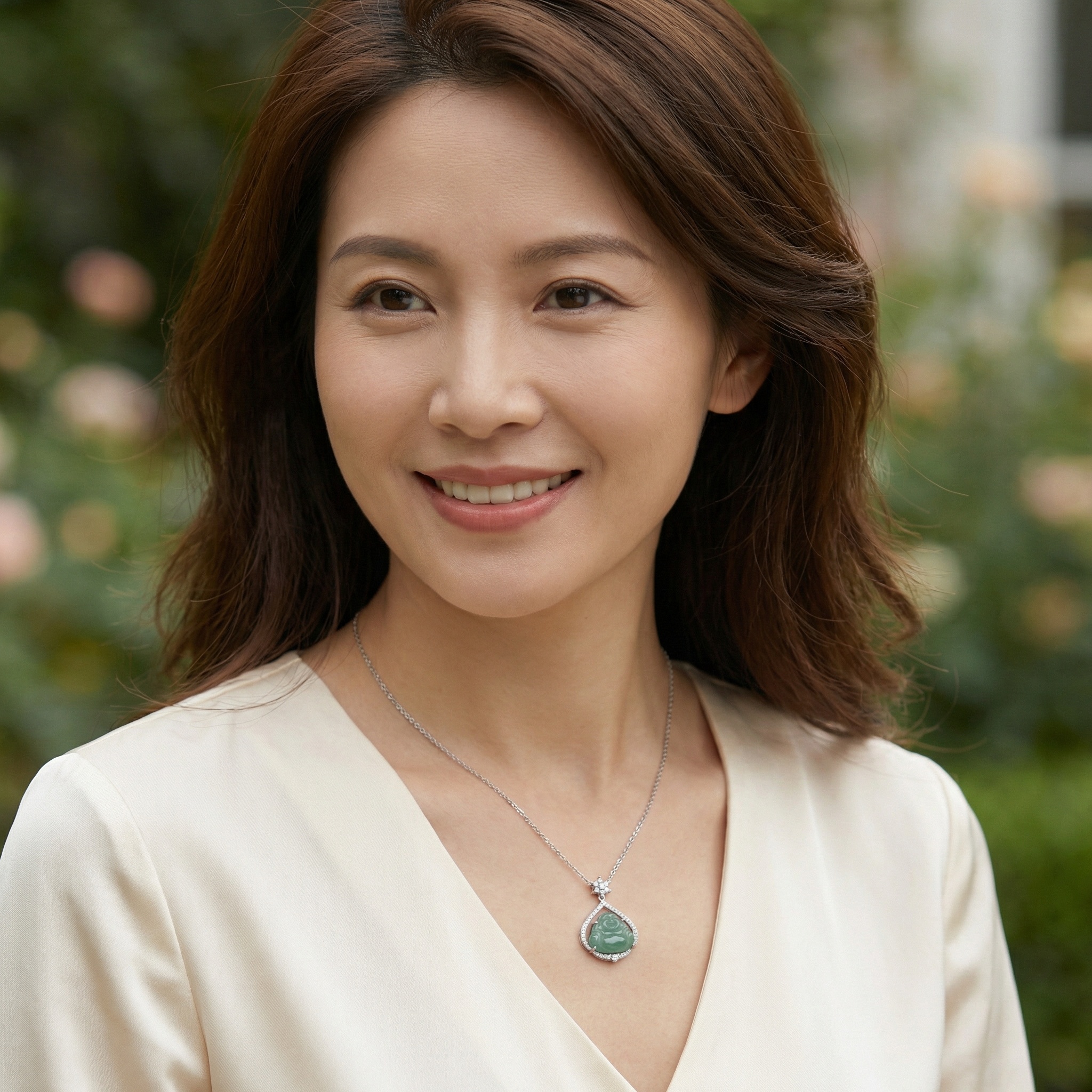 925 Sterling Silver Elegant Teardrop Jade Laughing Buddha Pendant Necklace with Sparkling Diamond Accents in White Metal