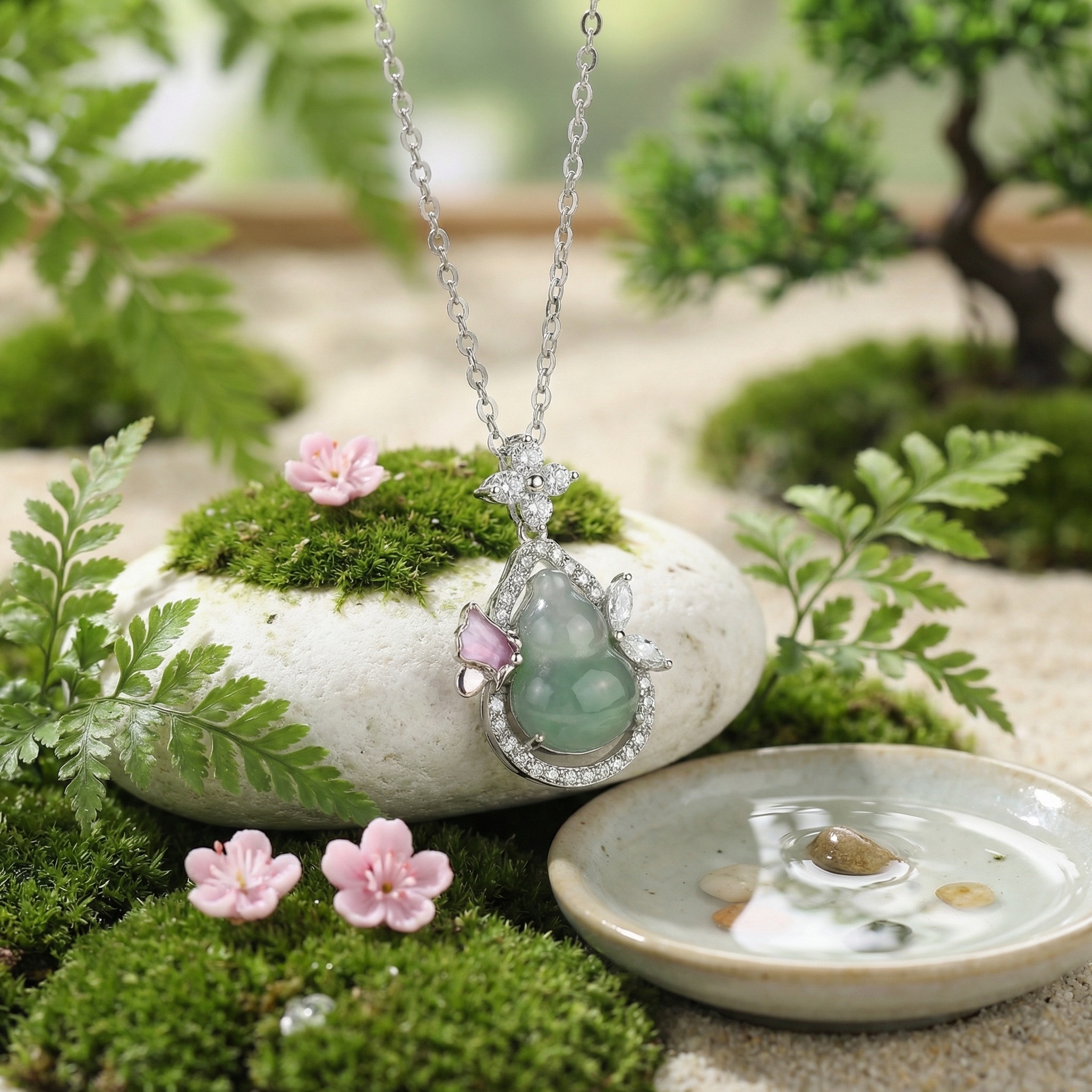 925 Sterling Silver Elegant Jadeite Gourd Pendant Necklace with Diamond Accents and Pink Gemstone Detail 
