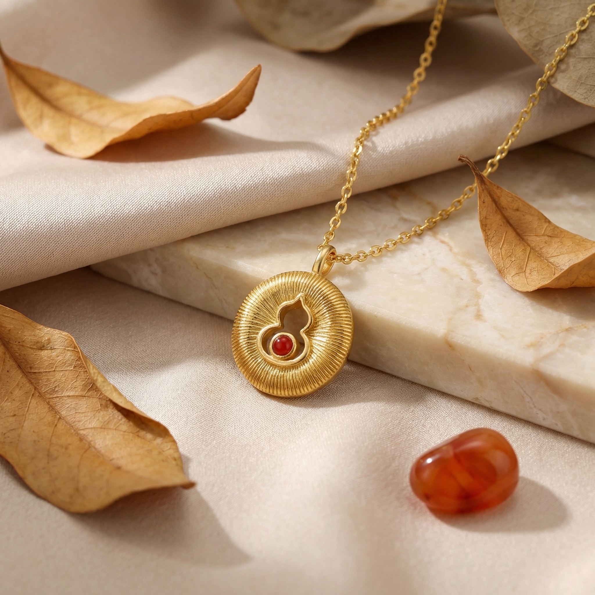 925 Sterling Silver Radiant Sunburst Round Necklace Featuring Elegant Gourd Motif and Vibrant Red Gemstone 