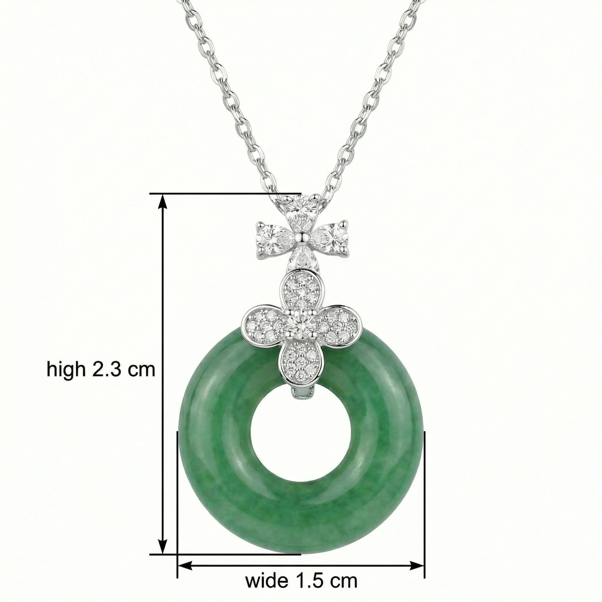 925 Sterling Silver Elegant Green Jade Donut Pendant with Diamond Floral Accent on Shimmering White Chain