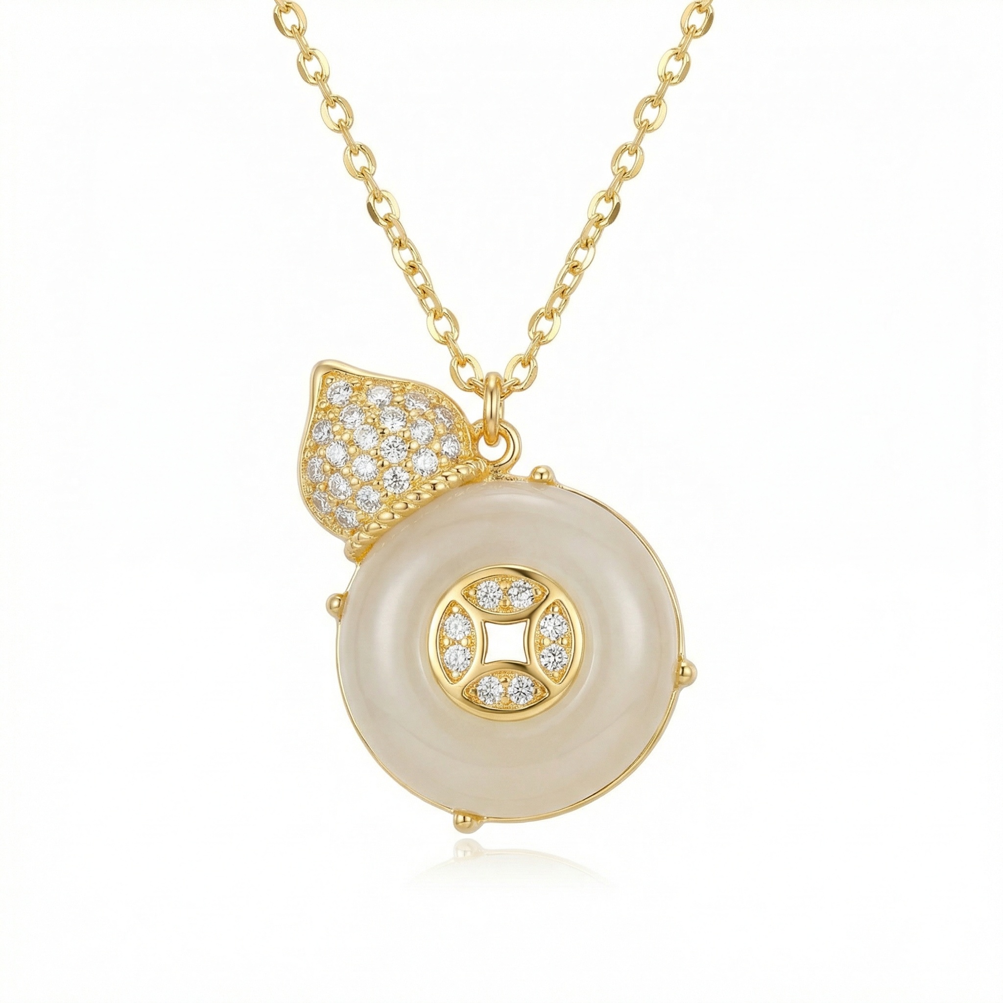 925 Sterling Silver Elegant White Gemstone Hulu Pendant Necklace with Sparkling Accents and Traditional Coin Motif