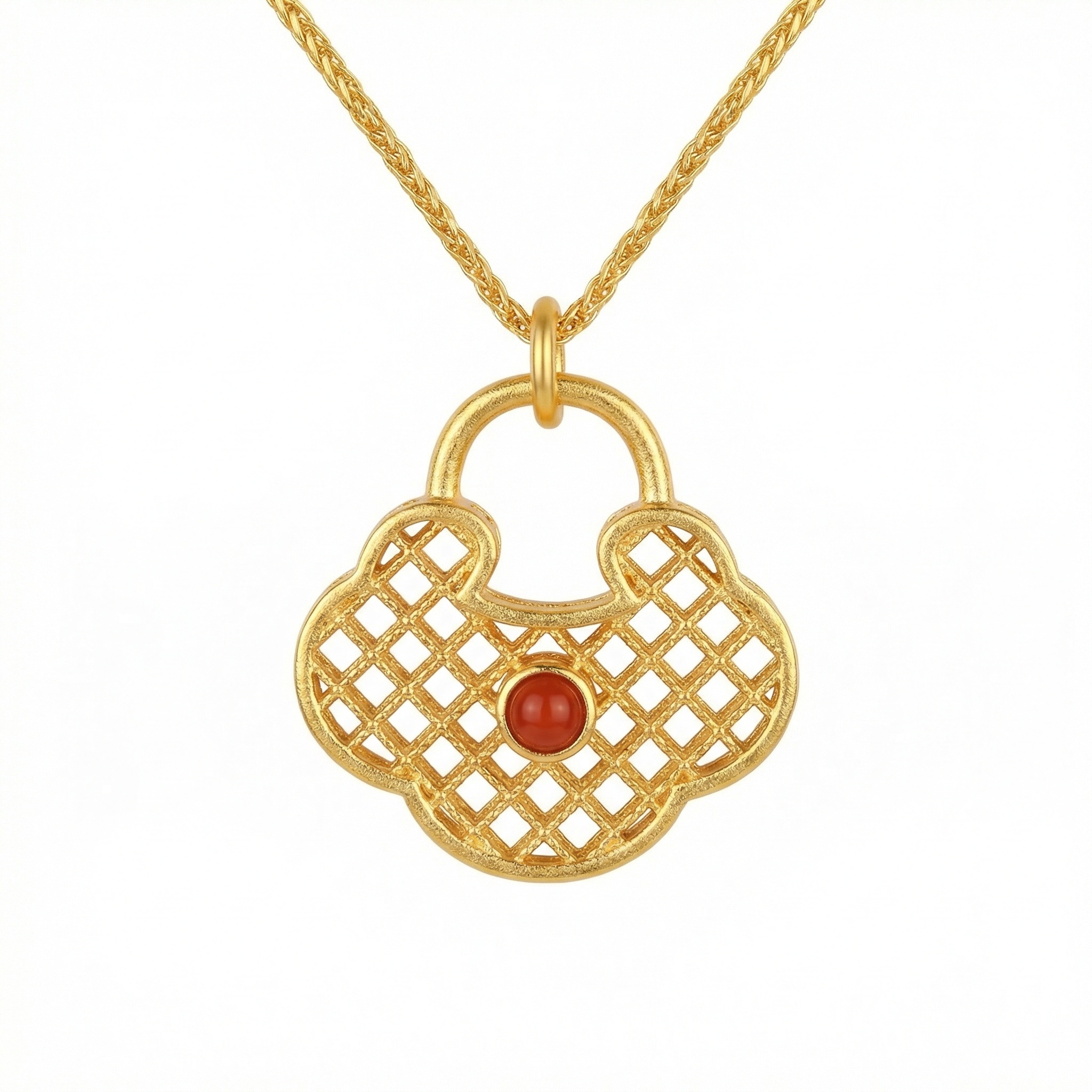 925 Sterling Silver Artistic Lattice Longevity Lock Pendant Featuring a Radiant Crimson Gemstone Center