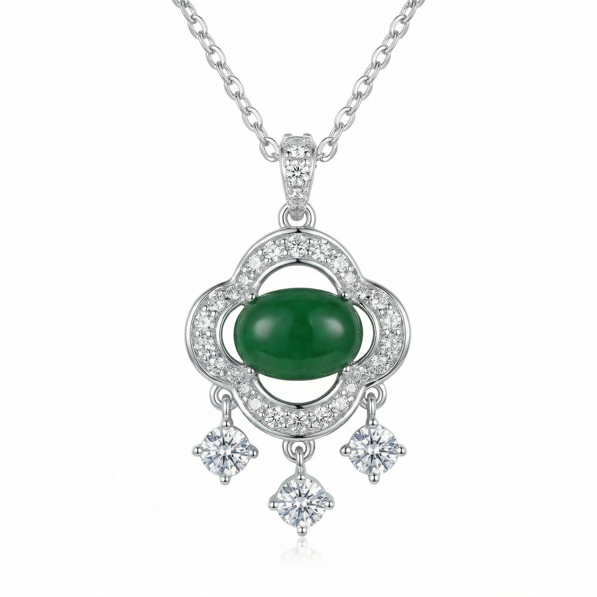 925 Sterling Silver Elegant Silver Green Gemstone Pendant Necklace with Sparkling Diamond Accents and Dangles 