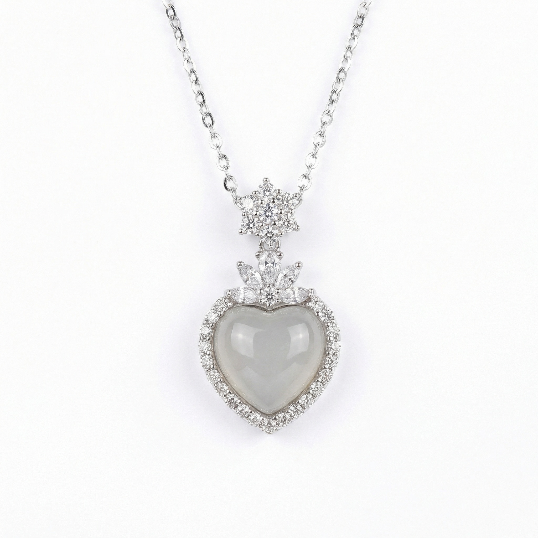 925 Sterling Silver Heart-Shaped Gray Moonstone Halo Necklace with Sparkling Floral and Snowflake Accents