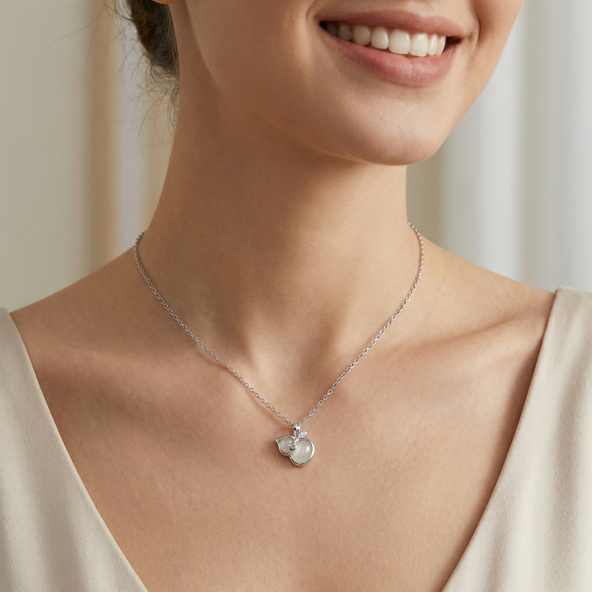 925 Sterling Silver Elegant Sterling Silver White Jade Gourd Pendant Necklace for Luck and Prosperity 