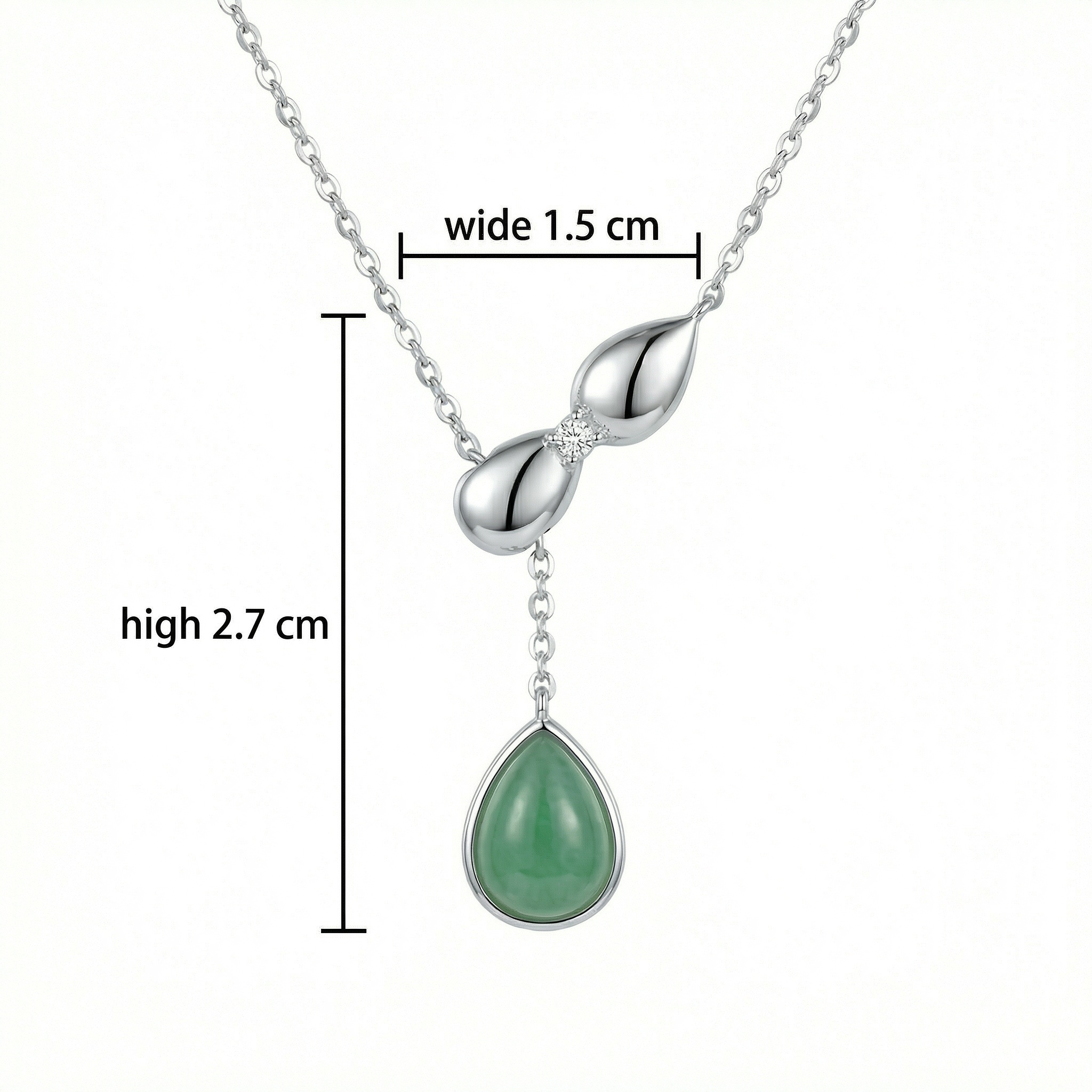 925 Sterling Silver Elegant Silver Necklace with a Green Teardrop Jadeite Pendant and Diamond Accent