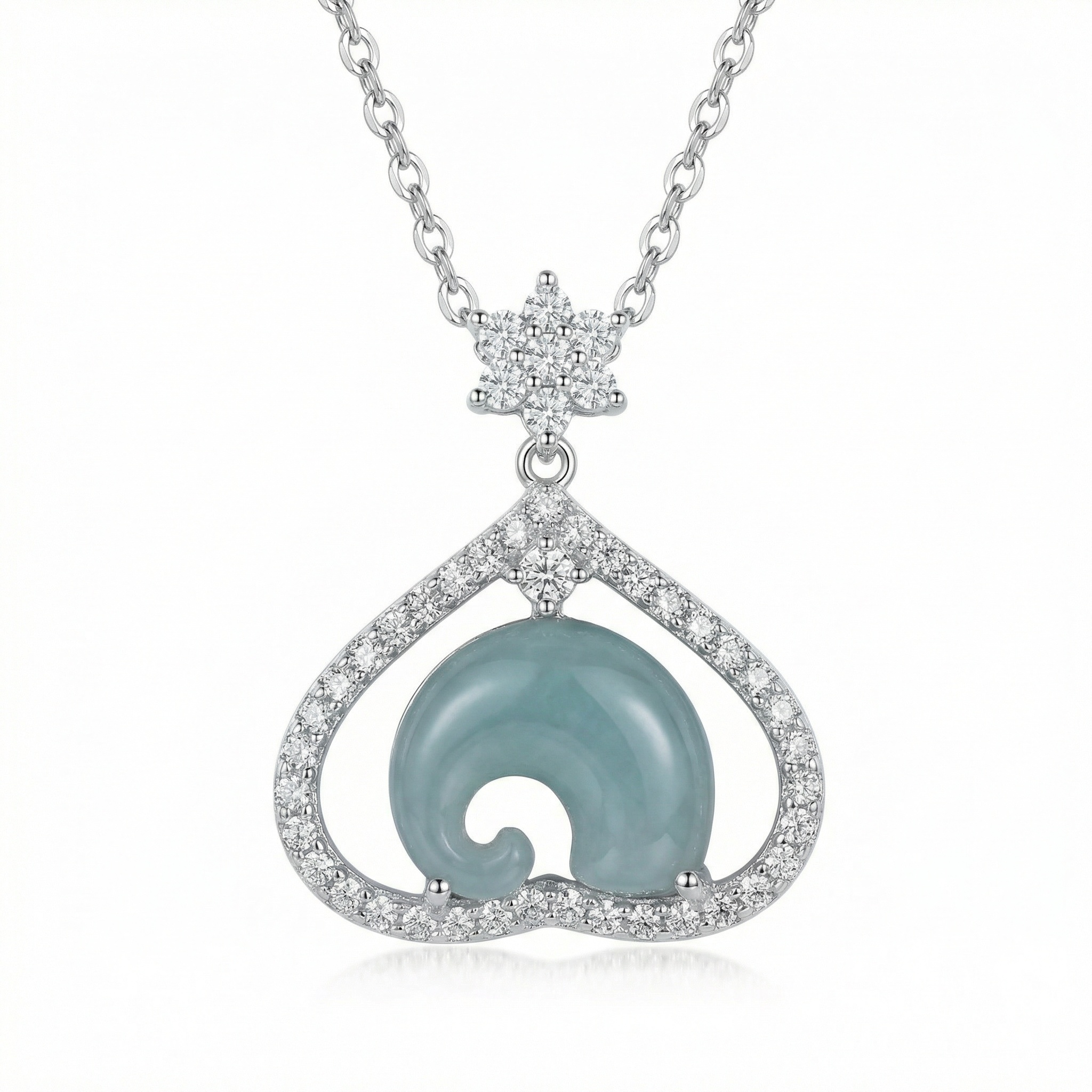 925 Sterling Silver Exquisite Sterling Silver Heart Pendant Necklace with Curved Blue Jadeite and Sparkling Accents