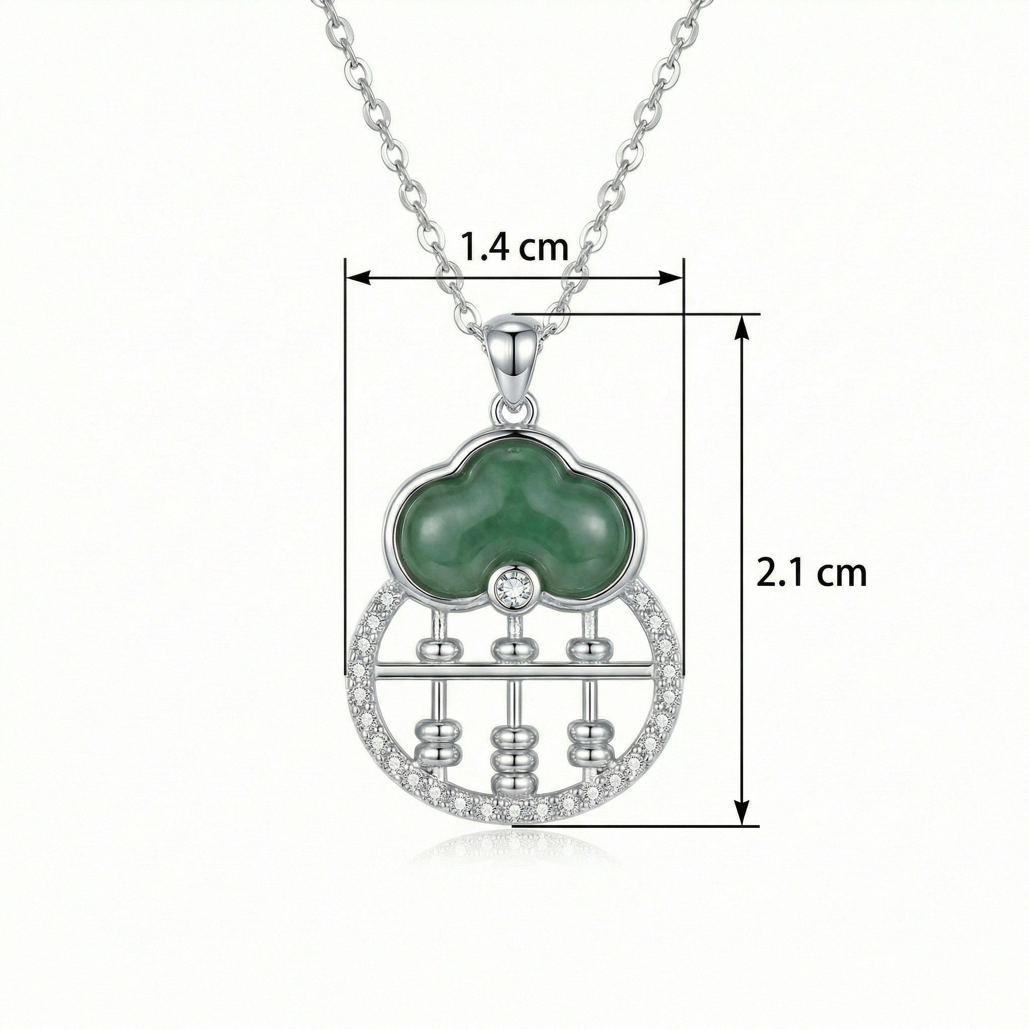 925 Sterling Silver Elegant Silver Necklace with Green Jade Ruyi Cloud and Crystal-Encrusted Abacus Pendant 