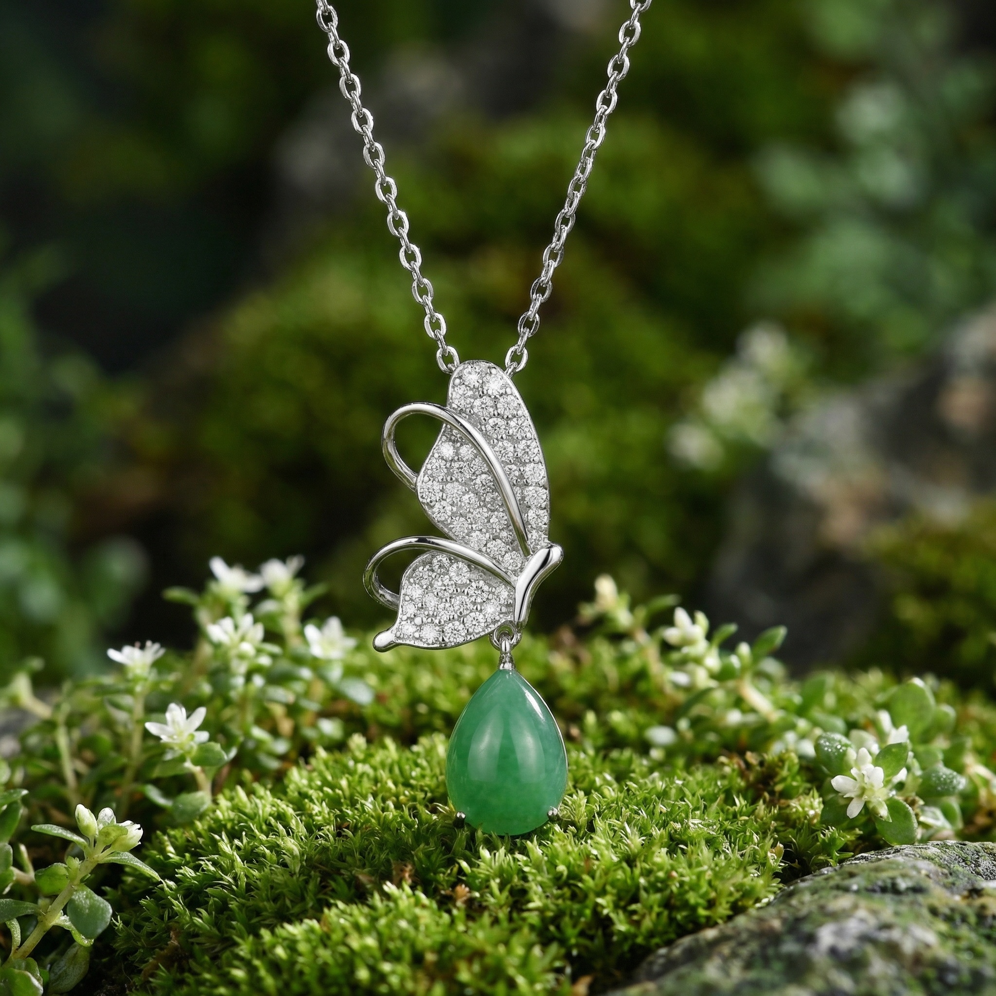 925 Sterling Silver Elegant Silver Butterfly Necklace with Sparkling Pave Accents and a Green Teardrop Gemstone