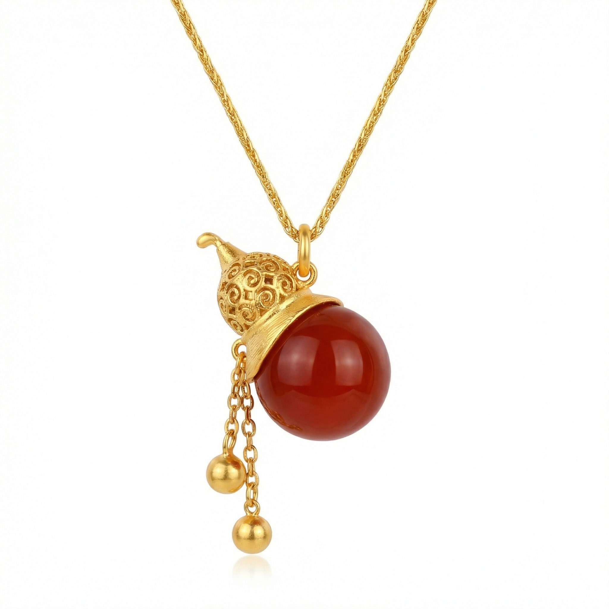 925 Sterling Silver Elegant Red Carnelian Wu Lou Pendant Featuring Filigree Details and Dainty Hanging Accents 