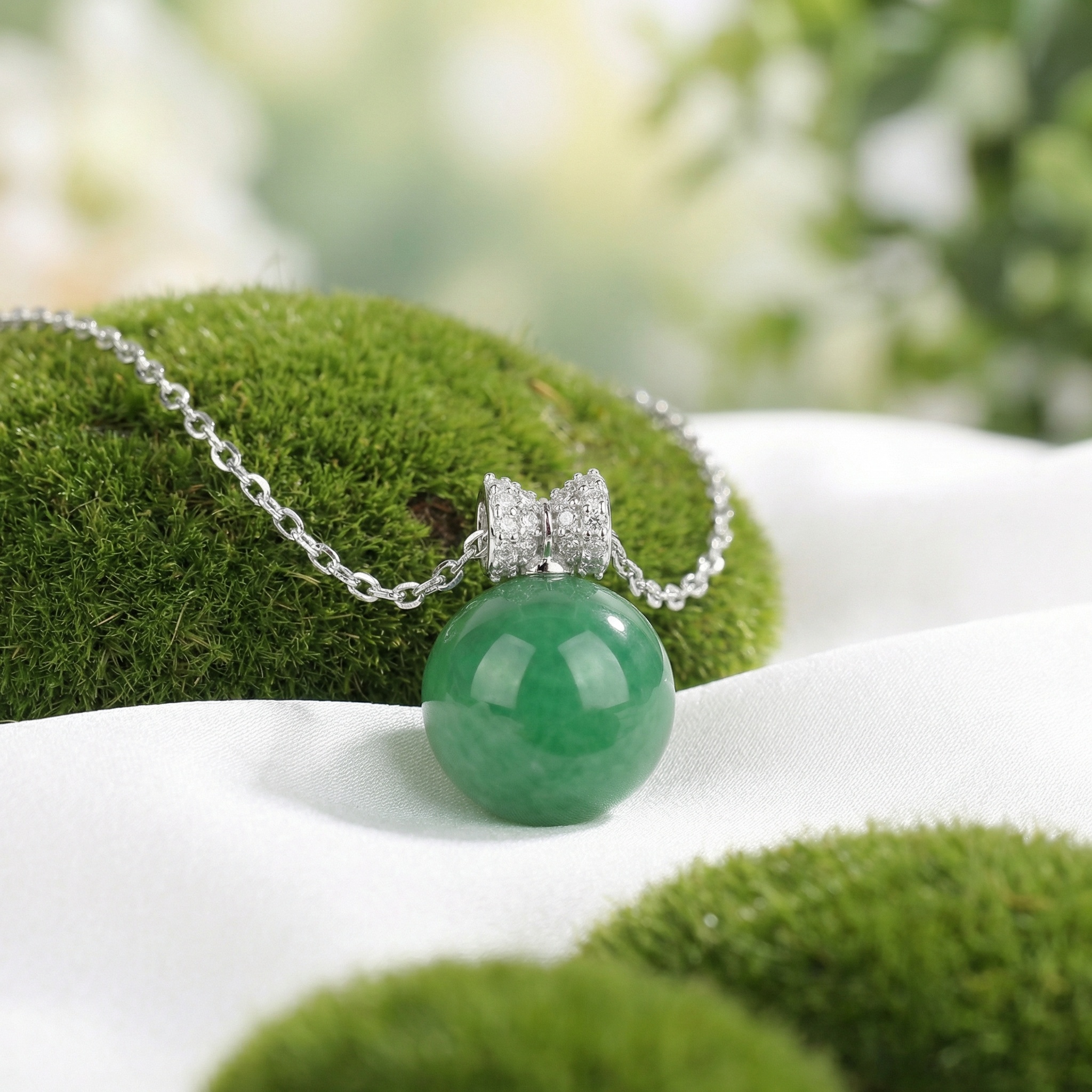 925 Sterling Silver Exquisite Round Green Jade Pendant Necklace with Sparkling Diamond-Encrusted Bail