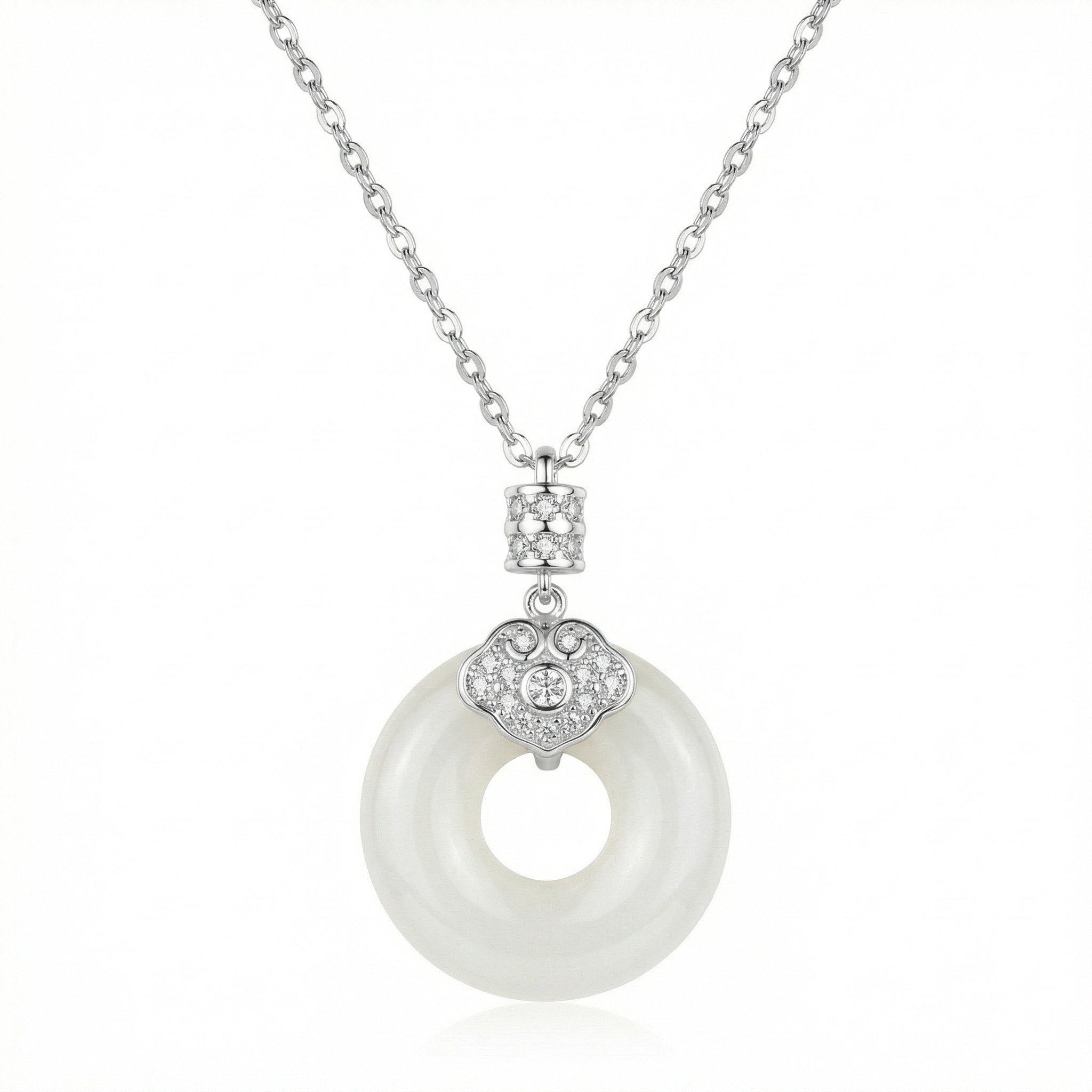 925 Sterling Silver Elegant White Jade Donut Pendant Necklace with Diamond-Encrusted Silver Bail 