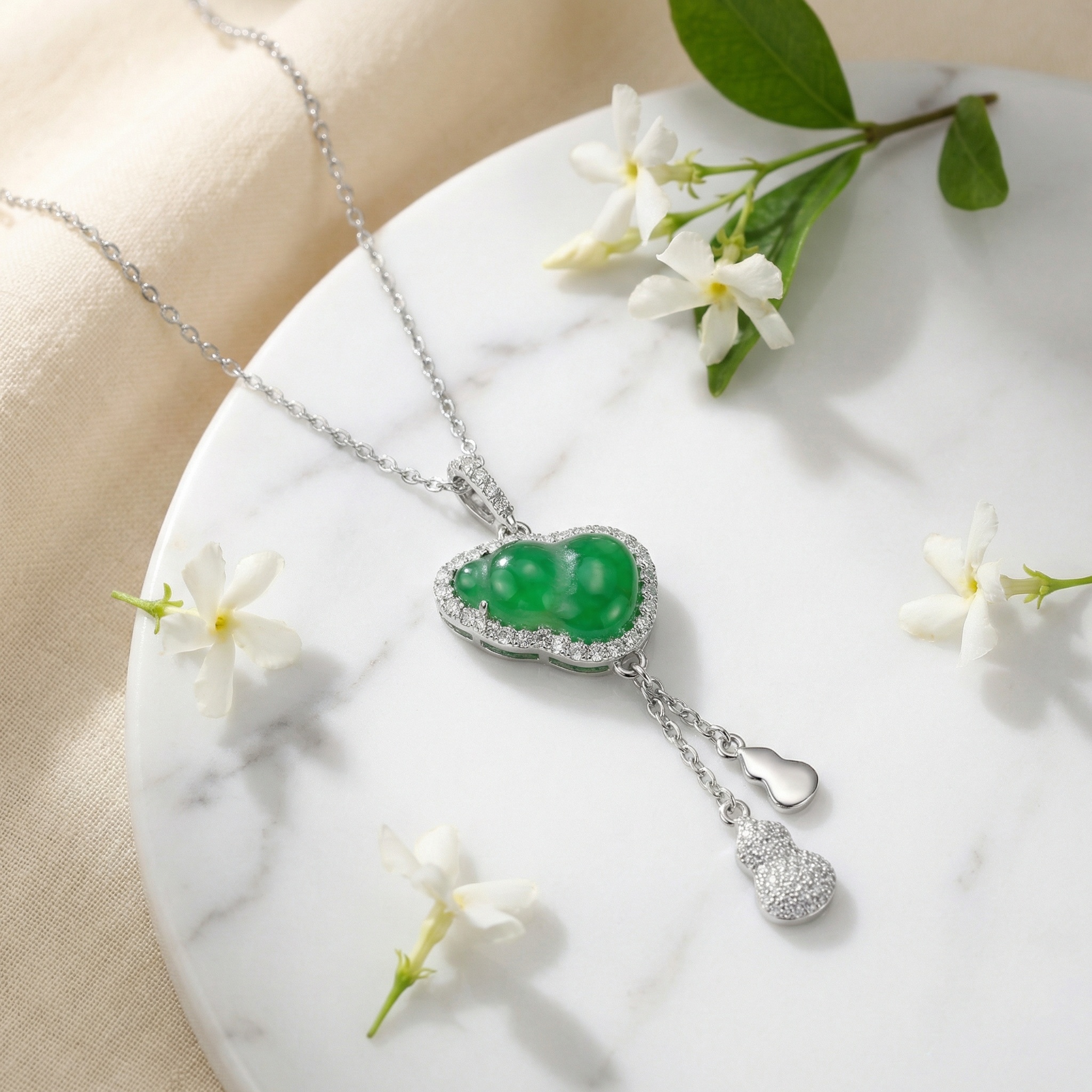 925 Sterling Silver Elegant Green Jadeite Gourd Pendant Necklace with Shimmering Diamond Halo and Charms