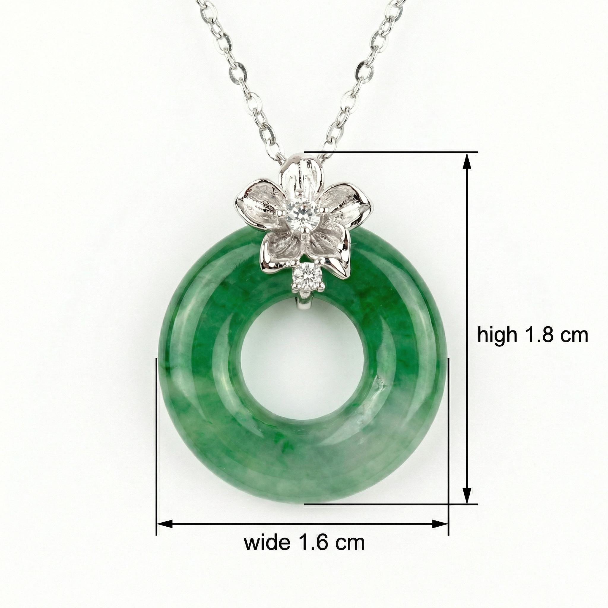 925 Sterling Silver Elegant Green Jade Donut Pendant Necklace with Diamond-Accented Silver Flower Clasp 