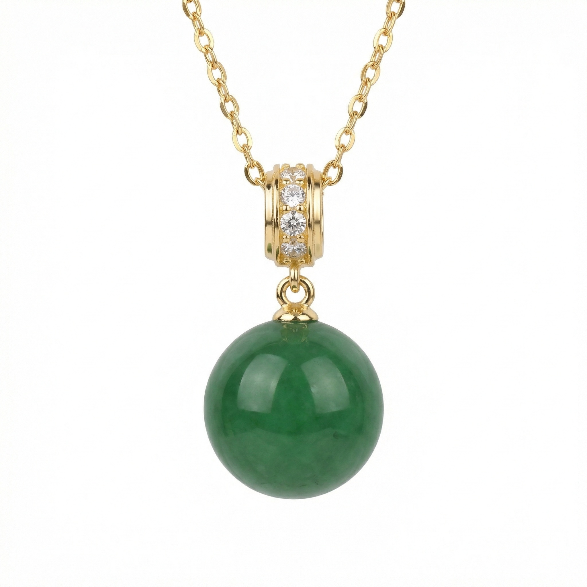 925 Sterling Silver Elegant Green Jade Sphere Pendant with Diamond Accents on a Shimmering Link Chain