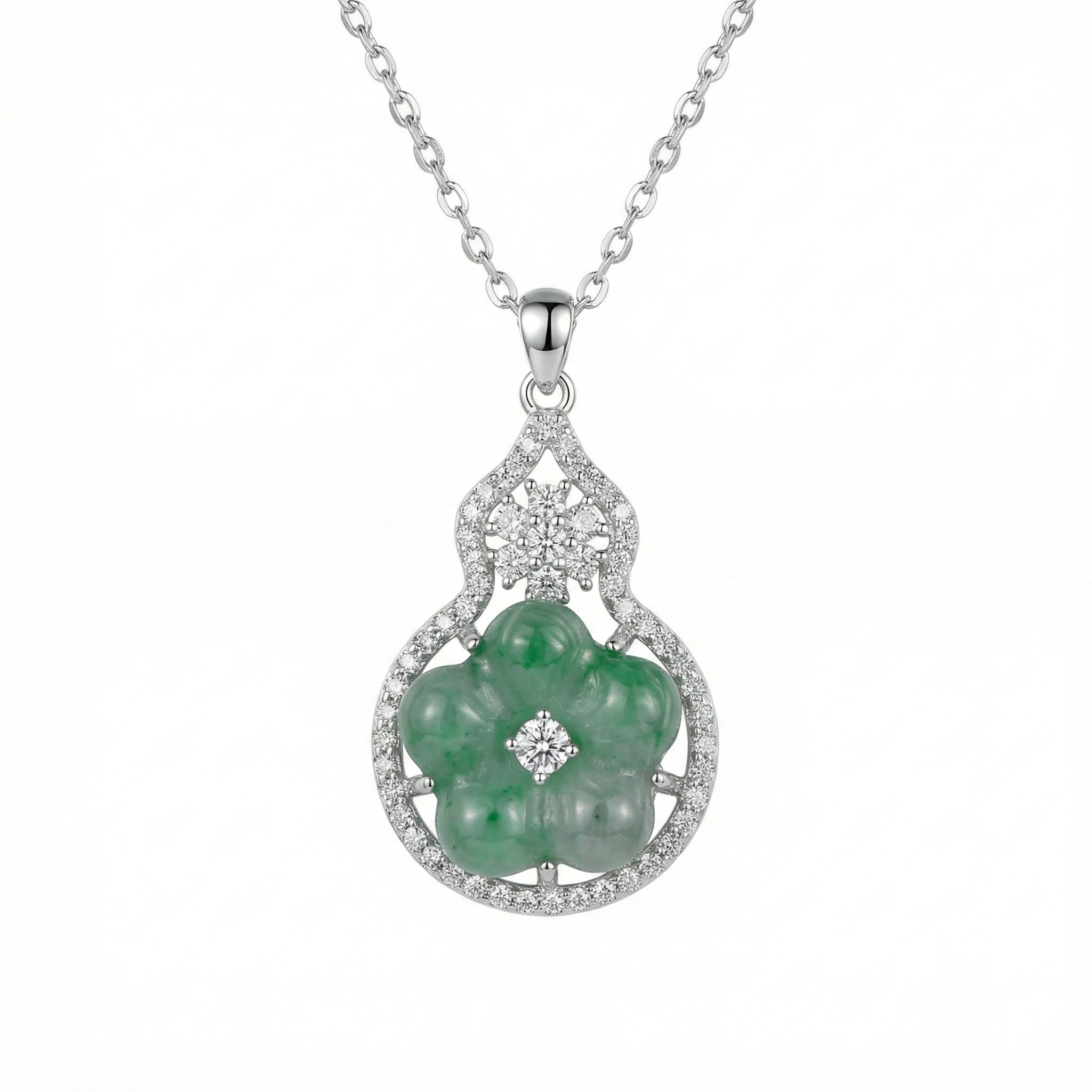 Sterling Silver Jade Flower Pendant Necklace